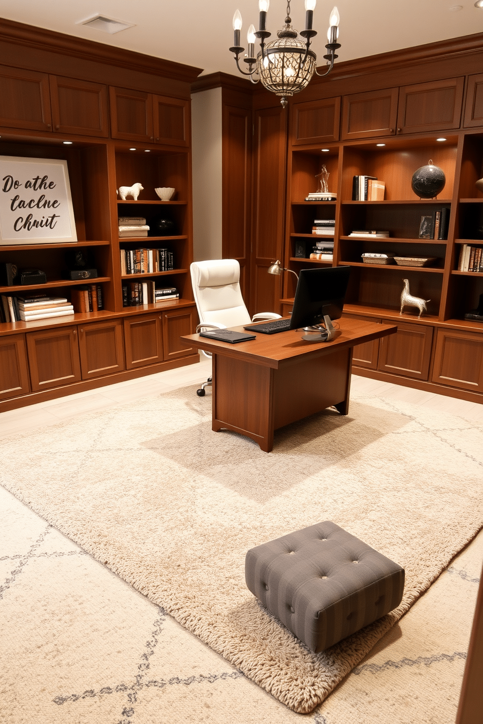 A spacious home office features a soft area rug in a neutral tone, providing comfort underfoot while adding warmth to the space. The room is designed with a large wooden desk, a stylish ergonomic chair, and built-in shelves that showcase books and decorative items.