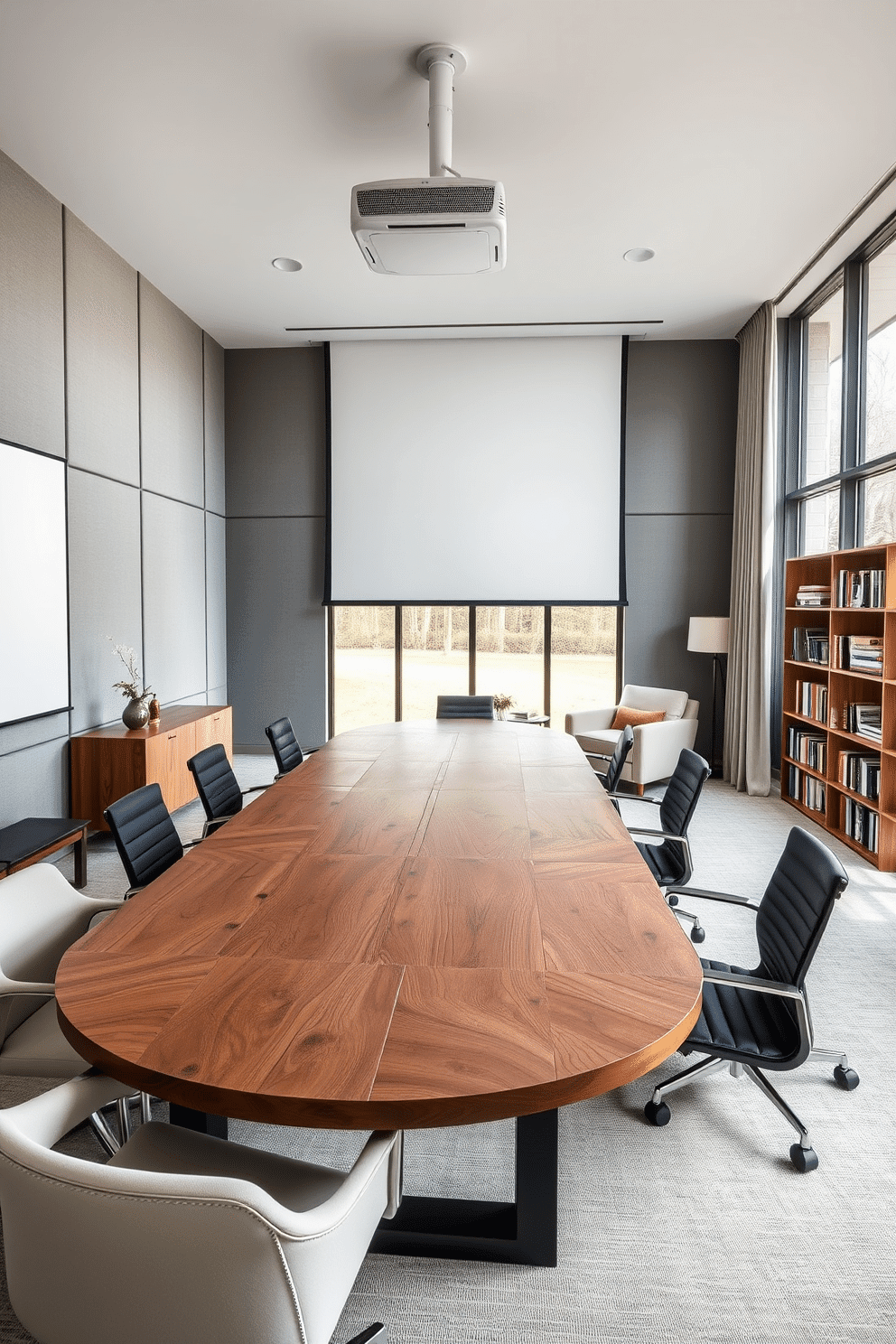 A dedicated conference area designed for meetings features a large, oval wooden table surrounded by ergonomic chairs. The walls are adorned with soundproof panels in a soft gray tone, and a state-of-the-art projector is mounted on the ceiling, projecting onto a white screen. The large home office design includes a spacious desk made of reclaimed wood, paired with a stylish ergonomic chair. Natural light floods in through large windows, highlighting a cozy reading nook with a plush armchair and a small bookshelf filled with design books.