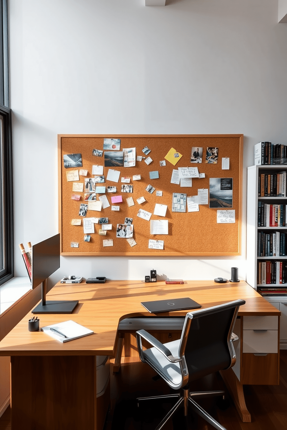 A large corkboard is mounted on the wall, filled with colorful notes, inspirational images, and sketches, creating a dynamic focal point in the room. The surrounding walls are painted in a calming light gray, enhancing the creative atmosphere of this spacious home office. The office features a sleek wooden desk with ample workspace, accompanied by an ergonomic chair for comfort during long hours. Natural light floods the room through large windows, and a stylish bookshelf filled with design books adds both functionality and aesthetic appeal.