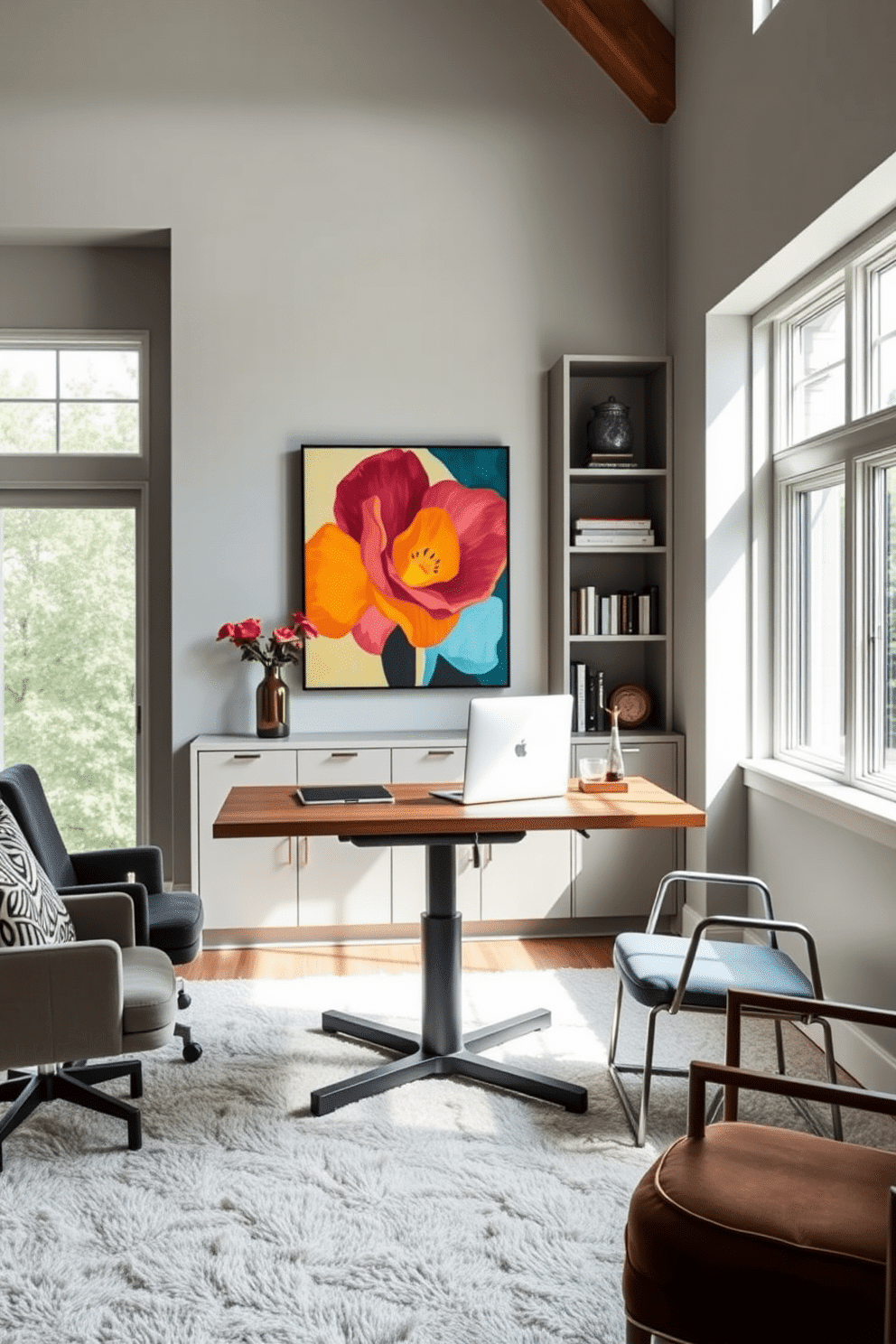 A modern home office featuring an adjustable standing desk that seamlessly blends with the overall design. The desk is made of sleek wood with a minimalist aesthetic, surrounded by ergonomic seating and ample natural light from large windows. The walls are painted in a calming light gray, accented by vibrant artwork that inspires creativity. A plush area rug underfoot adds warmth, while built-in shelving showcases books and decorative items, enhancing the sophisticated atmosphere.