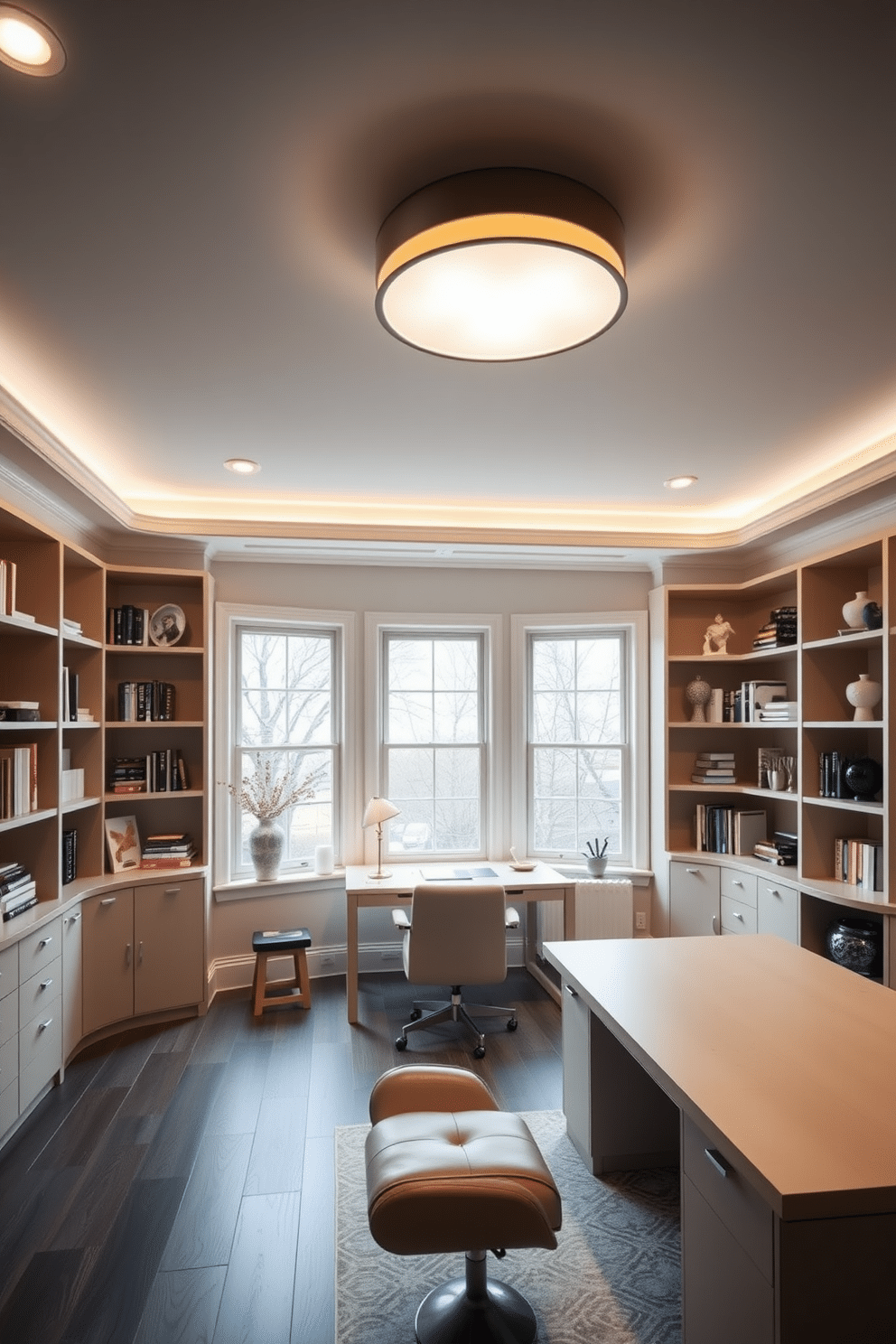 A spacious home office features bright, modern lighting fixtures that provide excellent task illumination. The room is designed with a large desk positioned near a window, complemented by stylish shelving units filled with books and decorative items.