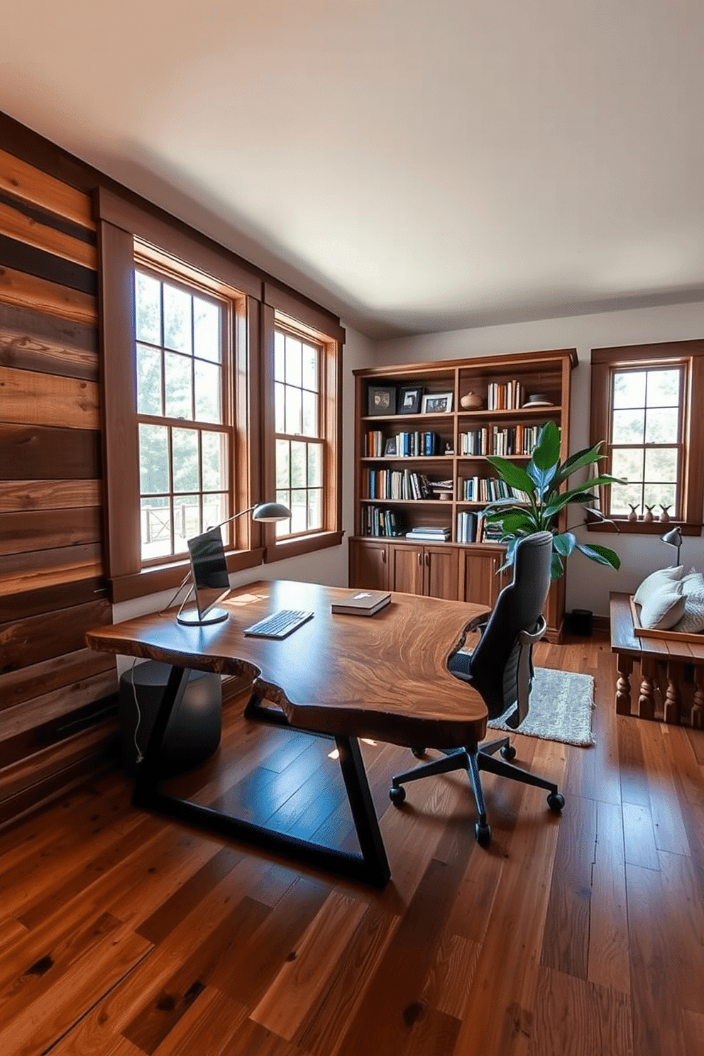 A spacious home office featuring creative use of reclaimed wood accents. The desk is made from a large slab of reclaimed wood, paired with a sleek ergonomic chair, and a rustic bookshelf lines the wall filled with books and decorative items. Natural light floods the room through large windows, illuminating the warm tones of the wood. A cozy reading nook with a reclaimed wood bench and plush cushions invites relaxation, while a large potted plant adds a touch of greenery.