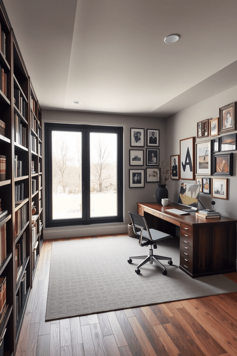 A large home office space that combines functionality with personal style. The room features a sleek L-shaped desk made of dark wood, accompanied by a comfortable ergonomic chair upholstered in a soft gray fabric. On the walls, a gallery of framed artwork and personal photographs adds a touch of personality. A large window lets in natural light, and a stylish bookshelf filled with books and decorative items lines one side of the room.