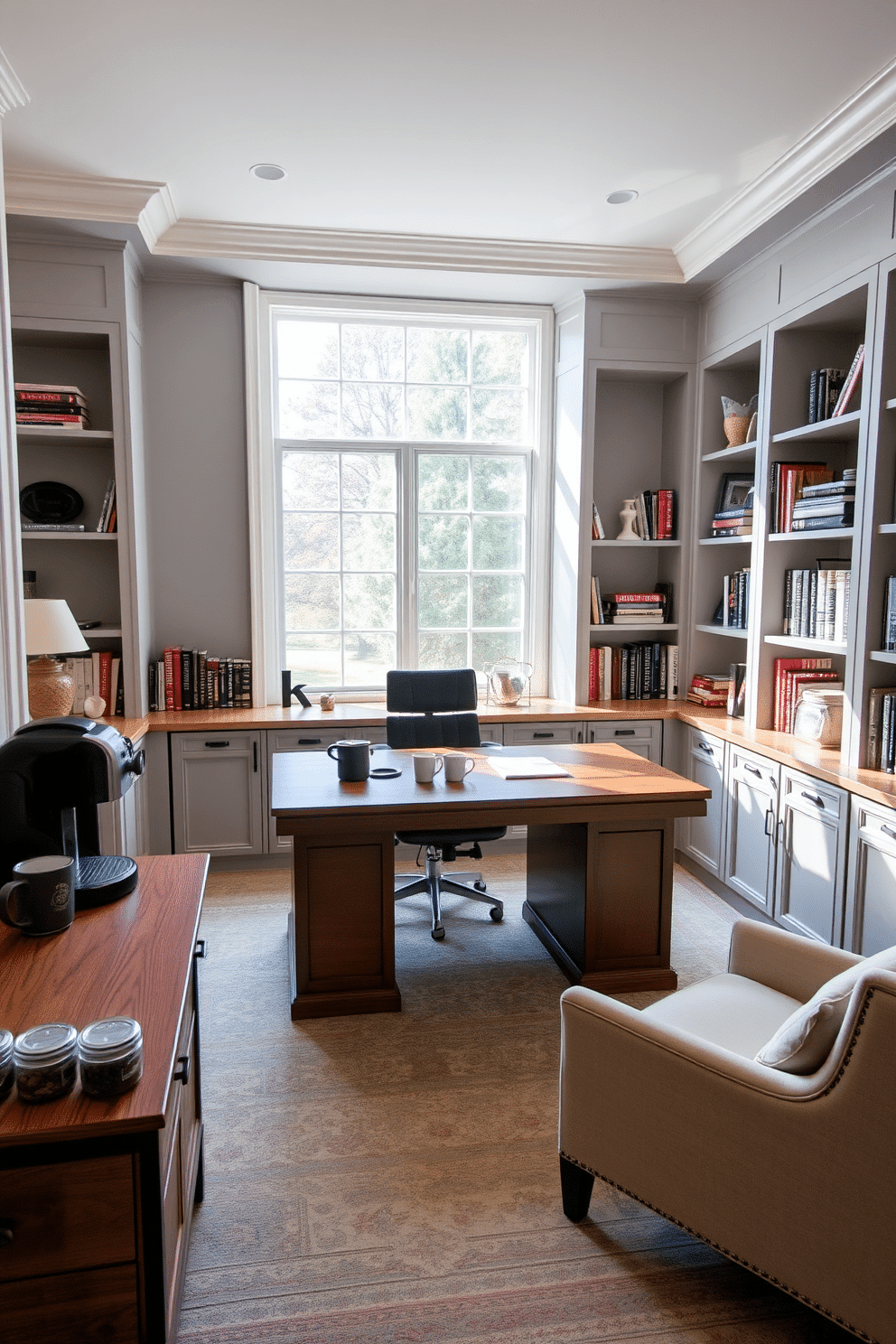 A spacious home office designed for productivity and comfort features a large wooden desk positioned in front of a window that allows ample natural light. The walls are painted a soft gray, complemented by built-in bookshelves filled with books and decorative items, creating an inspiring atmosphere. In one corner, a cozy coffee station includes a sleek espresso machine, stylish mugs, and a small selection of coffee beans displayed in glass jars. A comfortable armchair is placed nearby, inviting relaxation during breaks and enhancing the overall functionality of the workspace.