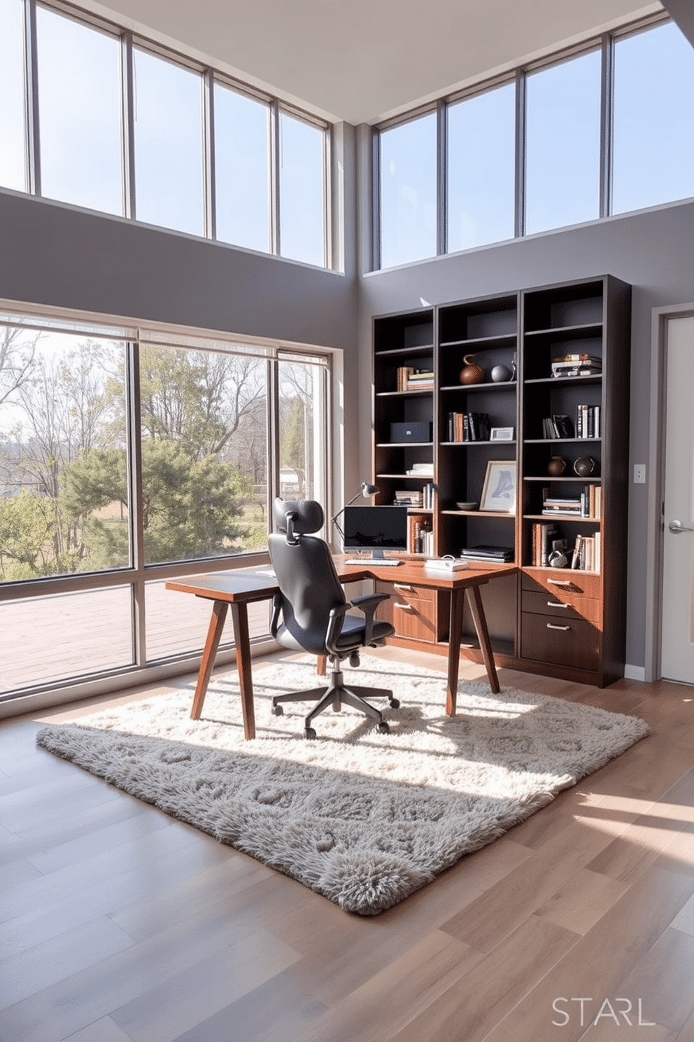 A spacious home office with large windows allowing abundant natural light to flood the room. The walls are painted in a soft gray, complementing a sleek wooden desk positioned in front of the windows. A comfortable ergonomic chair sits at the desk, paired with a stylish bookshelf filled with books and decorative items. A plush area rug lies beneath the desk, adding warmth and texture to the space.