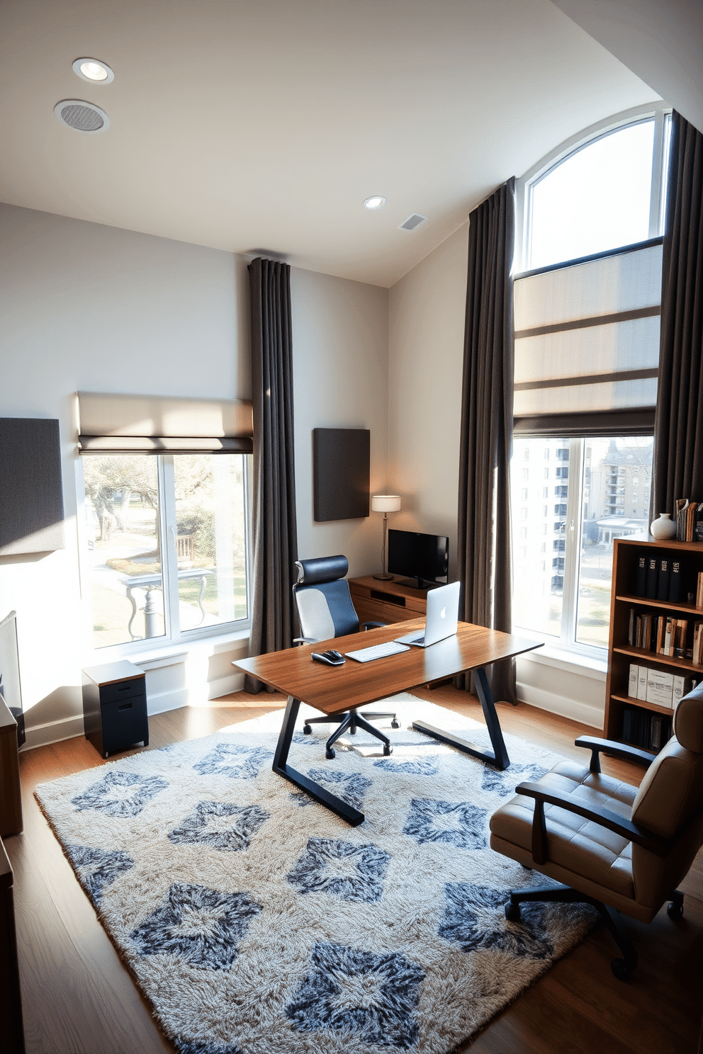 A spacious home office designed for productivity and tranquility. The room features soundproofing elements such as acoustic panels on the walls and a plush area rug to absorb noise. Natural light floods the space through large windows, complemented by elegant blackout curtains for privacy. A sleek wooden desk sits in the center, surrounded by ergonomic furniture and organized shelving for a clutter-free environment.