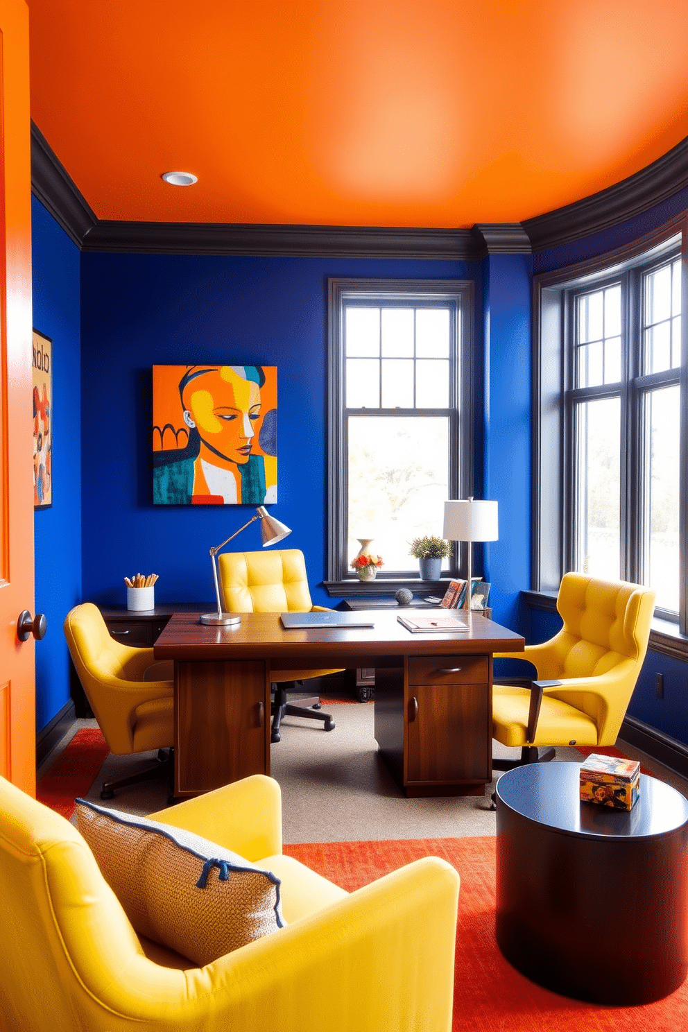 A vibrant home office featuring bold colors that invigorate the space. The walls are painted in a striking cobalt blue, complemented by bright orange accents in the furniture and decor. A spacious wooden desk sits in the center, adorned with a sleek, modern lamp and a colorful abstract art piece above it. Plush, ergonomic chairs in a lively yellow provide comfort and style, while large windows allow natural light to flood the room.