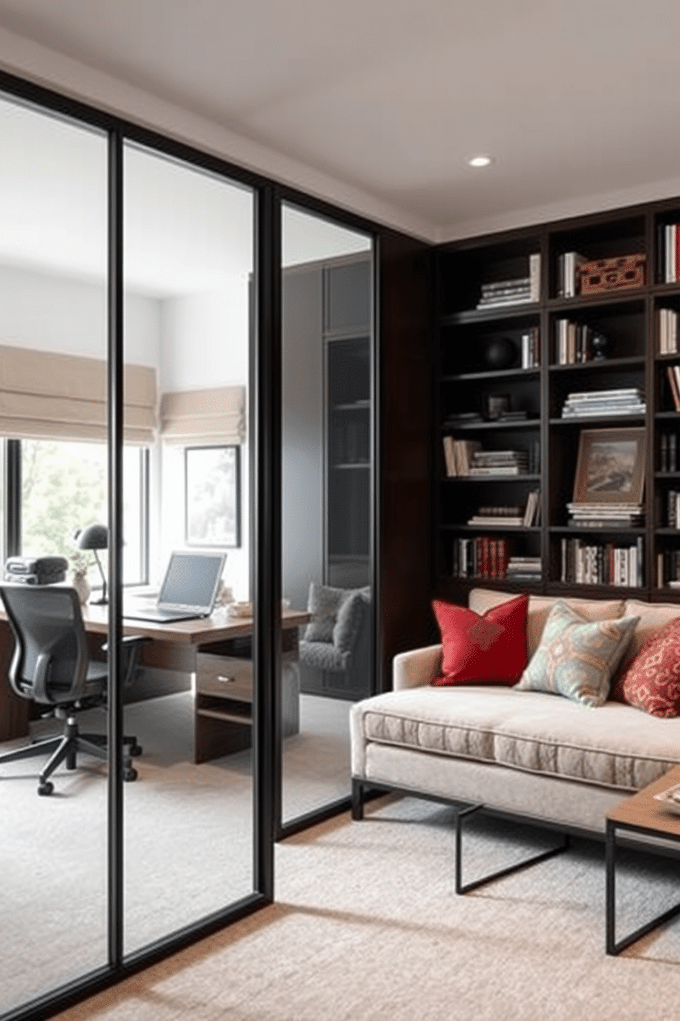 A large home office featuring a stylish office divider that separates the workspace from the relaxation area. The divider is made of sleek glass panels framed in black, allowing light to flow while providing privacy. The workspace includes a modern wooden desk with a comfortable ergonomic chair, complemented by a wall of built-in shelves filled with books and decorative items. The relaxation area features a plush sofa with colorful throw pillows and a small coffee table, creating a cozy nook for breaks.