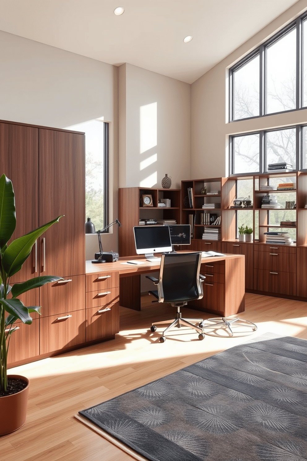 A spacious home office features sleek, functional filing cabinets in a rich walnut finish, providing ample storage for documents and supplies. The room is designed with large windows that allow natural light to flood in, creating an inviting and productive atmosphere. The office desk is positioned centrally, complemented by a comfortable ergonomic chair and stylish shelving units that display books and decorative items. A modern area rug adds warmth to the space, while a potted plant in the corner brings a touch of nature indoors.