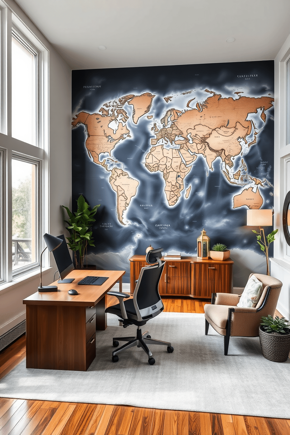 A spacious home office features a large mural of a world map on the main wall, adding both character and inspiration to the space. The room is filled with natural light from large windows, complemented by a sleek wooden desk and a comfortable ergonomic chair. On one side, a cozy reading nook with a plush armchair and a small bookshelf invites relaxation during breaks. Elegant accessories, such as a stylish desk lamp and decorative plants, enhance the sophisticated ambiance of this functional workspace.