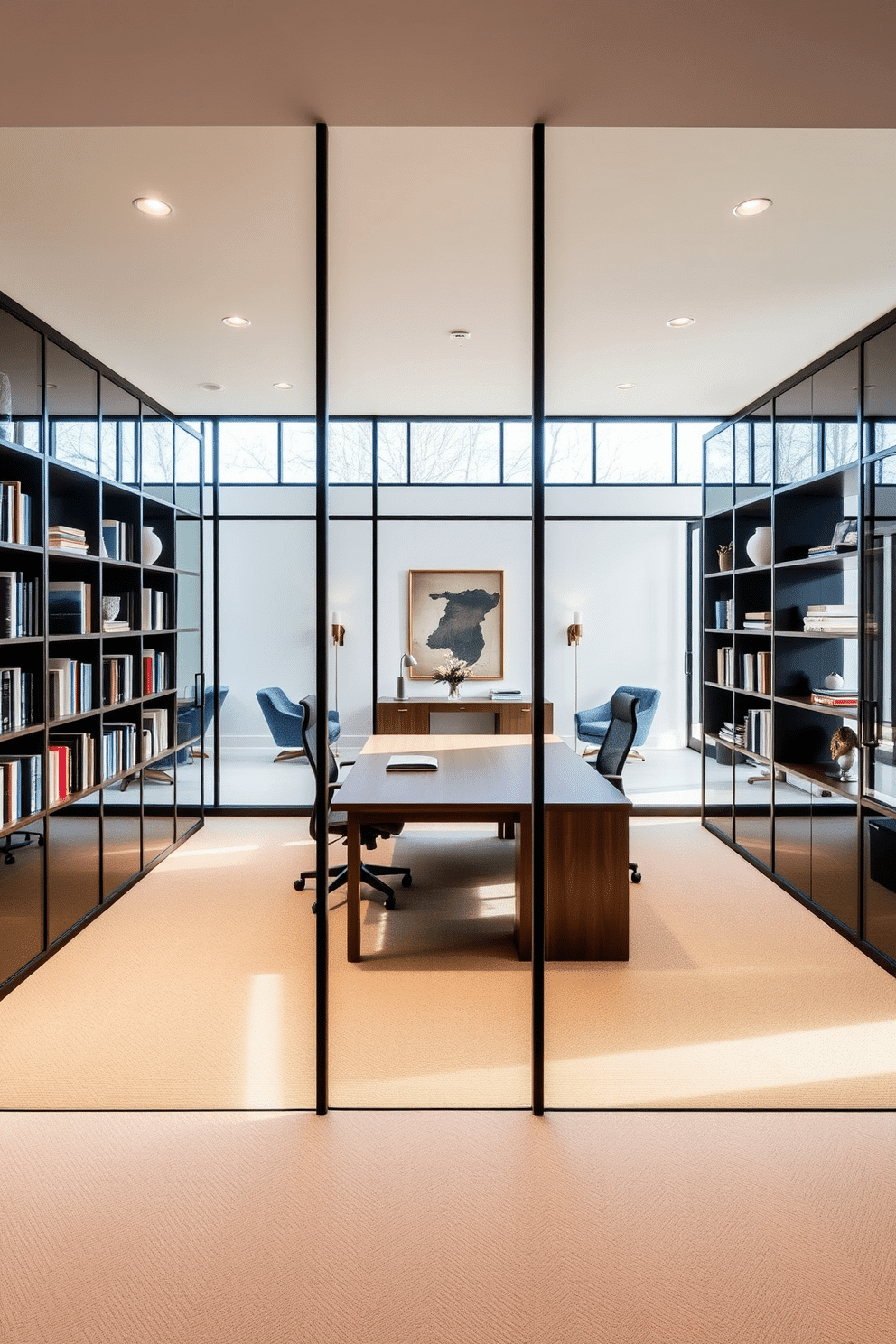 A spacious home office featuring glass partitions that create an open and airy environment. The design includes a large wooden desk positioned centrally, surrounded by ergonomic chairs and ample natural light streaming through the glass walls. The color palette consists of soft neutrals with accents of deep blue, creating a calming yet professional atmosphere. Shelving units lined with books and decorative items flank the glass partitions, enhancing both functionality and aesthetics.