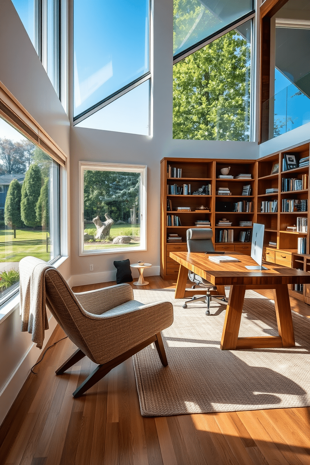 A comfortable lounge chair upholstered in soft, textured fabric sits in a sunlit corner of the home office, inviting relaxation during breaks. The chair features a sleek, minimalist design with wooden legs, complemented by a cozy throw blanket draped over one side. The large home office is designed with an open layout, showcasing a spacious desk made of reclaimed wood paired with a modern ergonomic chair. Floor-to-ceiling bookshelves line one wall, filled with books and decorative objects, while large windows provide ample natural light and a view of the lush garden outside.