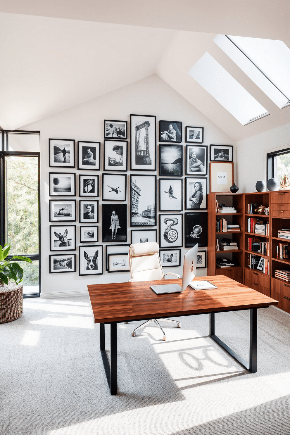 A stunning gallery wall filled with an eclectic mix of framed photographs and art pieces. The wall features a harmonious arrangement of various sizes, incorporating black and white images alongside colorful prints, all set against a soft, neutral backdrop. A spacious home office designed for productivity and comfort. The room includes a large wooden desk with sleek lines, an ergonomic chair, and built-in shelves adorned with books and decorative items, all illuminated by natural light streaming through expansive windows.