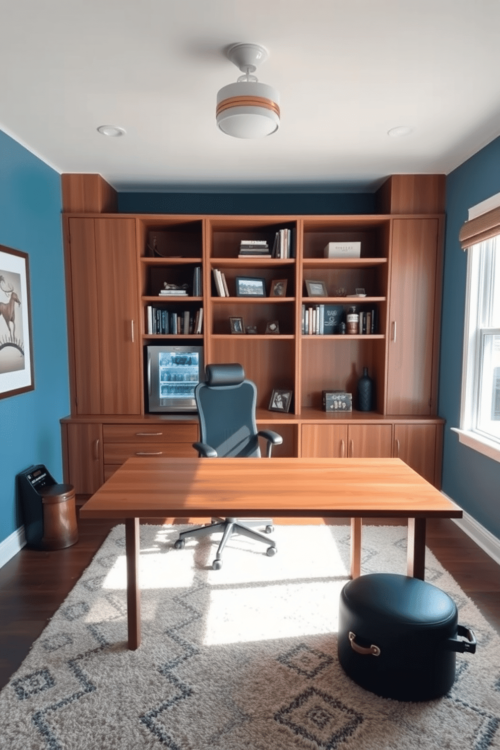 A spacious home office featuring a sleek wooden desk positioned in front of a large window, allowing natural light to flood the space. Behind the desk, built-in shelves display books and decorative items, while a comfortable ergonomic chair invites productivity. In one corner, a stylish mini-fridge is integrated into the cabinetry, stocked with refreshments for a quick break. The walls are painted in a calming blue hue, and a plush area rug adds warmth underfoot, creating an inviting atmosphere for work and creativity.