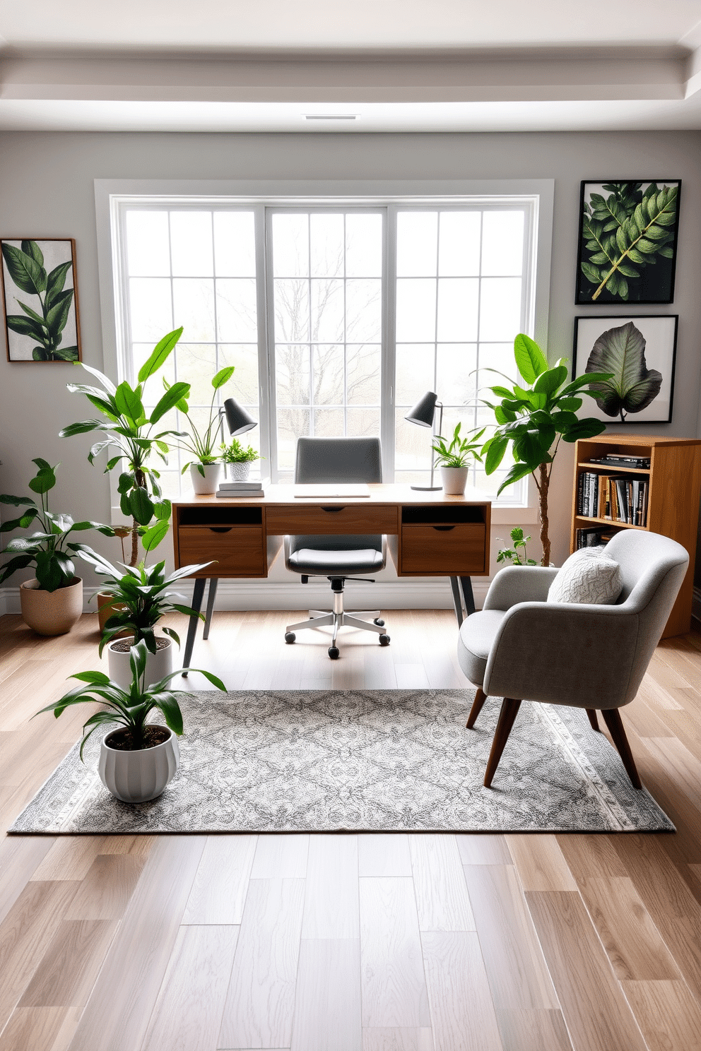 A large home office with a modern aesthetic, featuring a spacious wooden desk positioned in front of a large window that allows natural light to flood the room. Surrounding the desk are lush indoor plants in stylish pots, adding a touch of greenery and freshness to the space. The walls are painted in a calming light gray, complemented by a cozy reading nook with a plush armchair and a small bookshelf filled with design books. A geometric area rug anchors the room, while art pieces showcasing nature themes adorn the walls, creating an inspiring and productive environment.