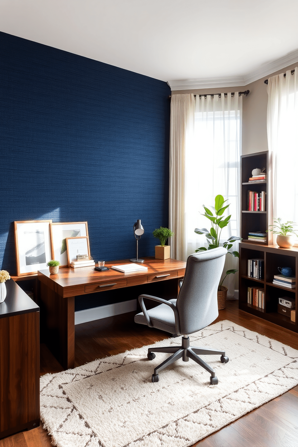 A large home office featuring a rich, textured fabric accent wall in deep navy blue, creating a cozy yet sophisticated atmosphere. The room is furnished with a sleek wooden desk and an ergonomic chair upholstered in soft gray fabric, complemented by a plush area rug that adds warmth underfoot. Natural light floods the space through expansive windows adorned with sheer white curtains, enhancing the inviting ambiance. Bookshelves filled with curated decor and greenery line one side of the room, providing both functionality and a touch of nature.