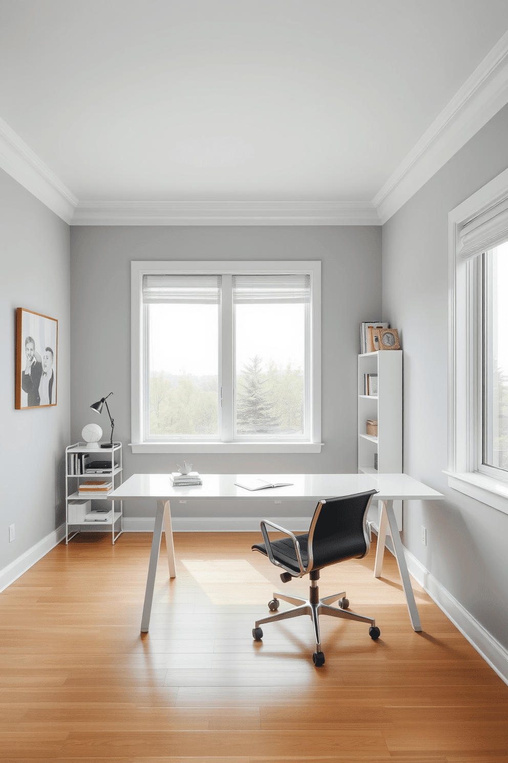 A spacious home office featuring minimalist design with clean lines. The room is filled with natural light from large windows, showcasing a sleek, white desk paired with a comfortable ergonomic chair. The walls are painted in a soft gray, creating a calming atmosphere, while a few carefully selected pieces of abstract art add a touch of personality. A minimalist bookshelf against one wall holds neatly organized books and a few decorative items, maintaining the uncluttered aesthetic.