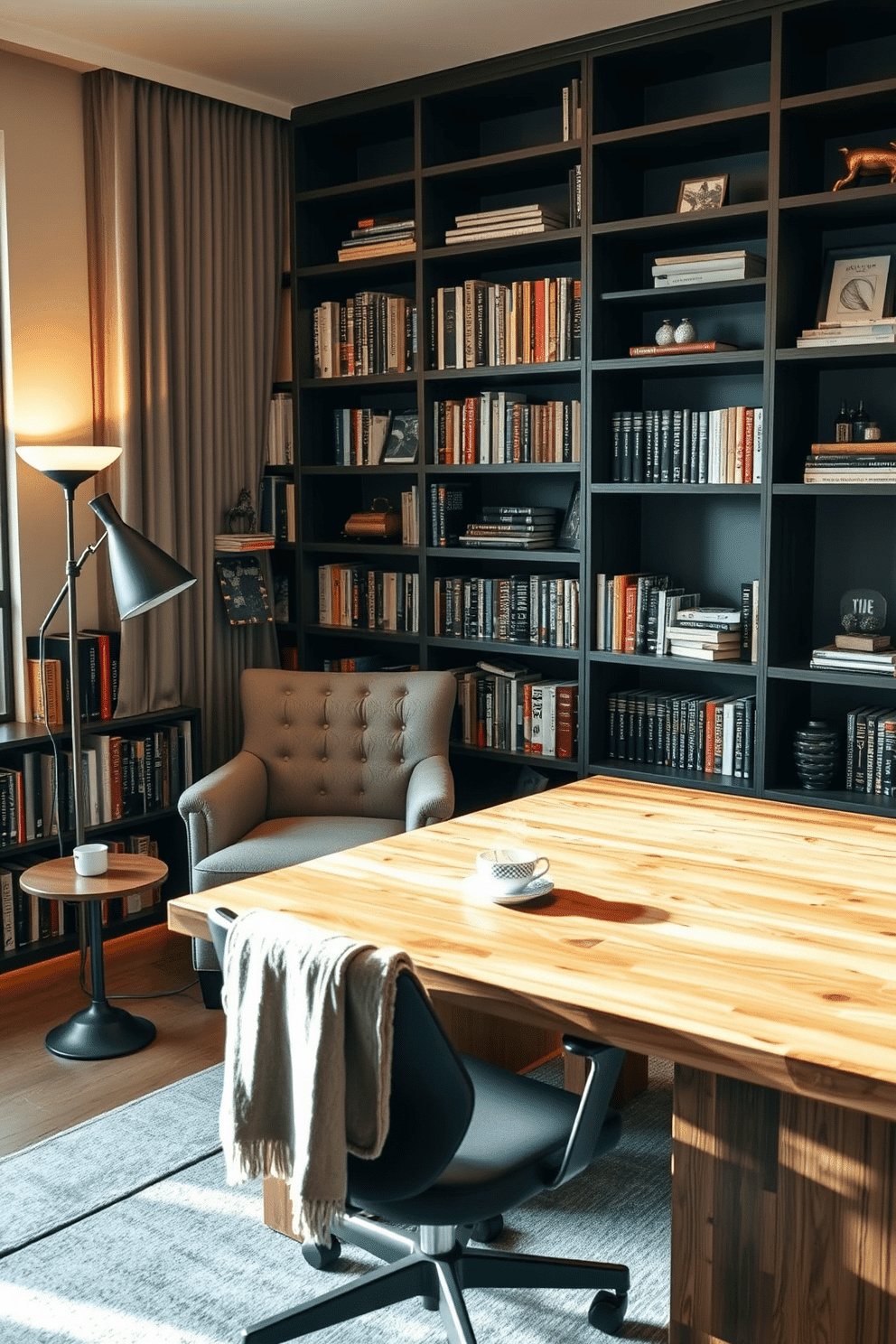 Cozy reading nook with a bookshelf. A plush armchair sits in the corner, flanked by a tall bookshelf filled with an array of books and decorative items. Soft, warm lighting from a nearby floor lamp creates an inviting atmosphere, while a small side table holds a steaming cup of tea and a cozy blanket draped over the armchair. Large home office design ideas. A spacious desk made of reclaimed wood faces a large window, allowing natural light to flood the room. Sleek, modern shelving units line the walls, showcasing books and personal memorabilia, while a comfortable ergonomic chair invites productivity in a stylish setting.