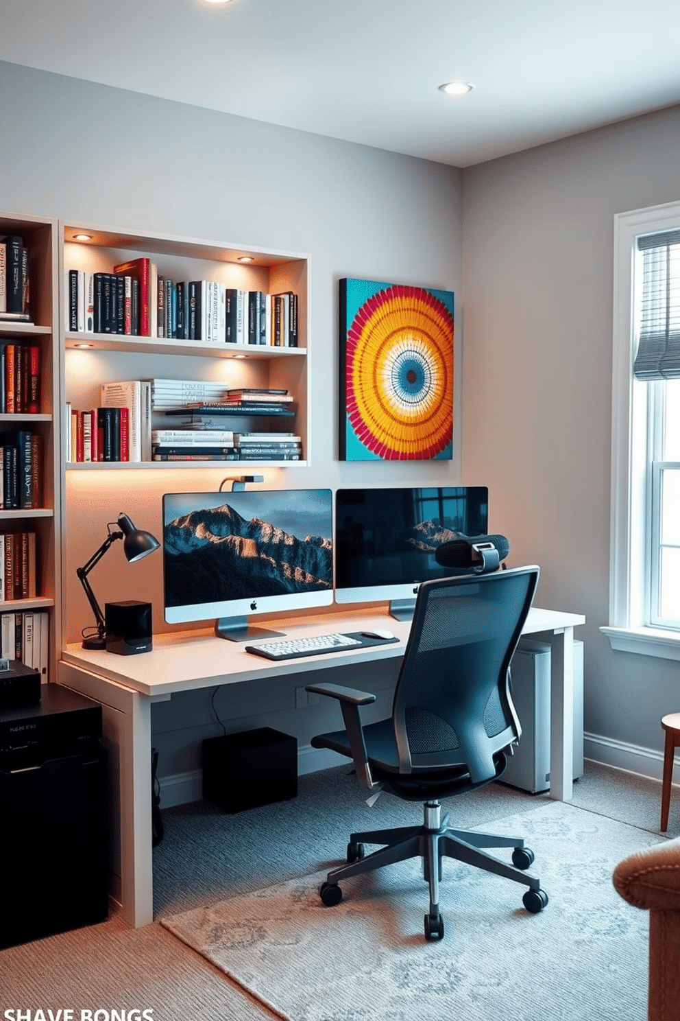 A spacious home office featuring dual monitors set on a sleek, modern desk. The room is accented with a comfortable ergonomic chair, stylish shelving filled with books, and soft, ambient lighting to create an inviting workspace. The walls are painted in a calming light gray, complemented by a vibrant artwork piece that adds a pop of color. A large window allows natural light to flood the space, enhancing productivity and creating a refreshing atmosphere.