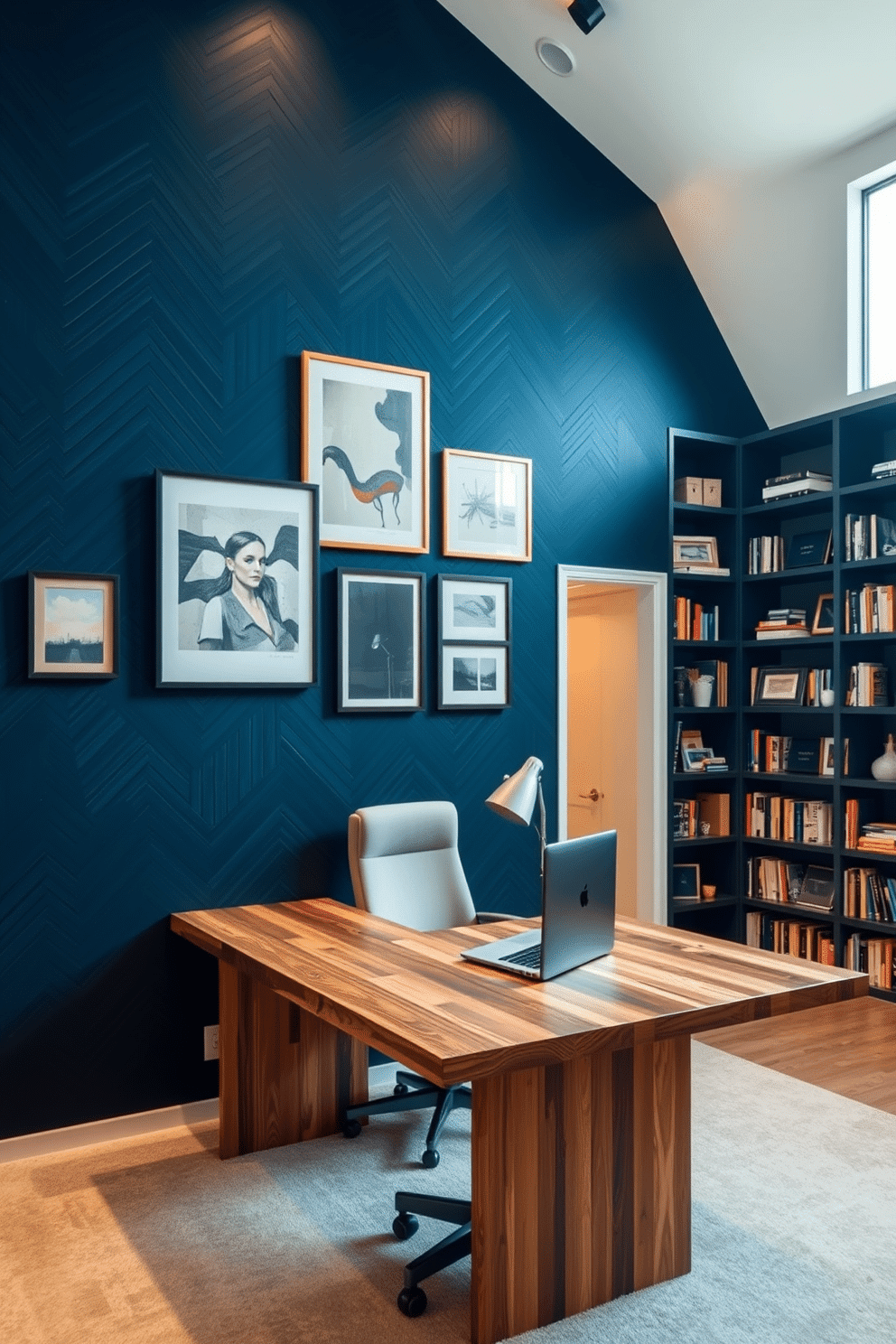 A stylish accent wall features a bold geometric pattern in deep navy blue, adorned with a collection of framed abstract artwork in varying sizes. Soft ambient lighting highlights the textures of the wall, creating a focal point that draws the eye. The large home office is designed with a sleek, modern desk made of reclaimed wood, paired with an ergonomic chair in a soft gray fabric. Floor-to-ceiling bookshelves line one wall, filled with an array of books and decorative items, while a large window allows natural light to flood the space.