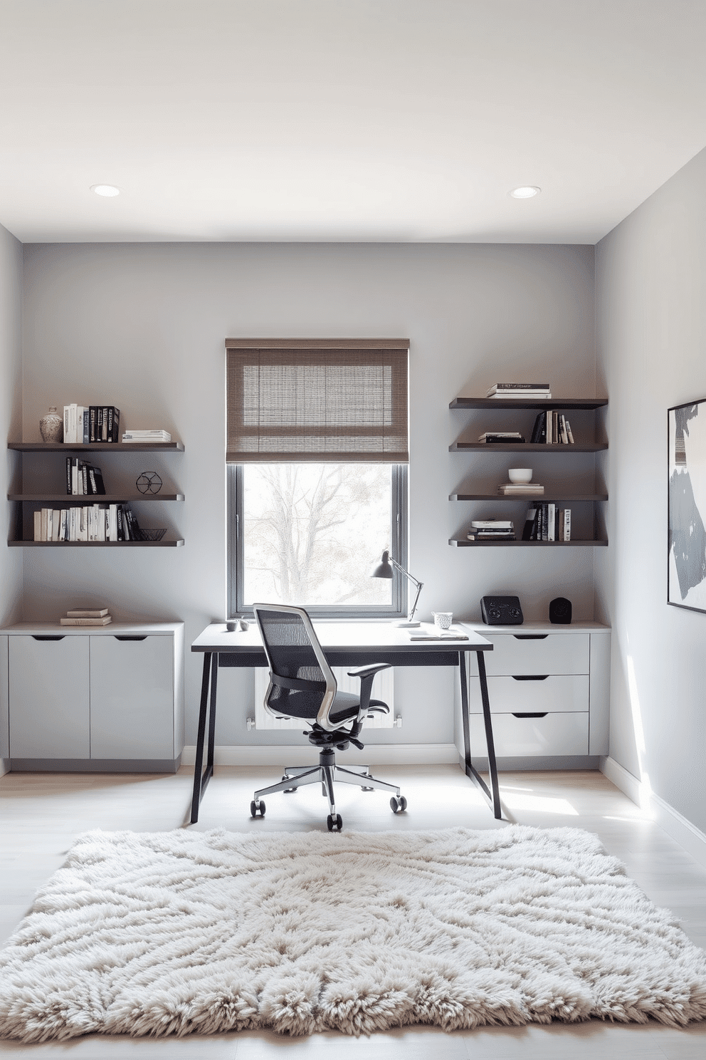 A spacious home office featuring sleek floating shelves mounted on the walls, providing ample storage for books and decorative items. The desk is positioned in front of a large window, allowing natural light to flood the room, while a comfortable ergonomic chair complements the modern aesthetic. The walls are painted in a calming light gray, creating a serene atmosphere conducive to productivity. A plush area rug anchors the space, adding warmth and texture, while stylish desk accessories enhance the overall design.