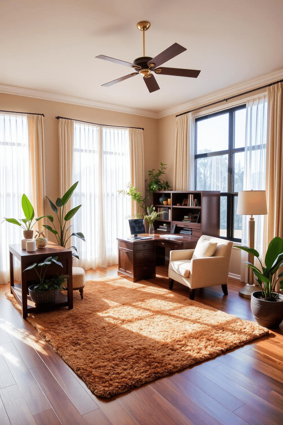 A spacious home office featuring a warm color palette that promotes a calming atmosphere. Soft beige walls are complemented by rich mahogany furniture, including a large desk and a comfortable armchair. Natural light floods the room through large windows adorned with sheer curtains, creating an inviting workspace. A plush area rug in earthy tones anchors the space, while potted plants add a touch of greenery and life.