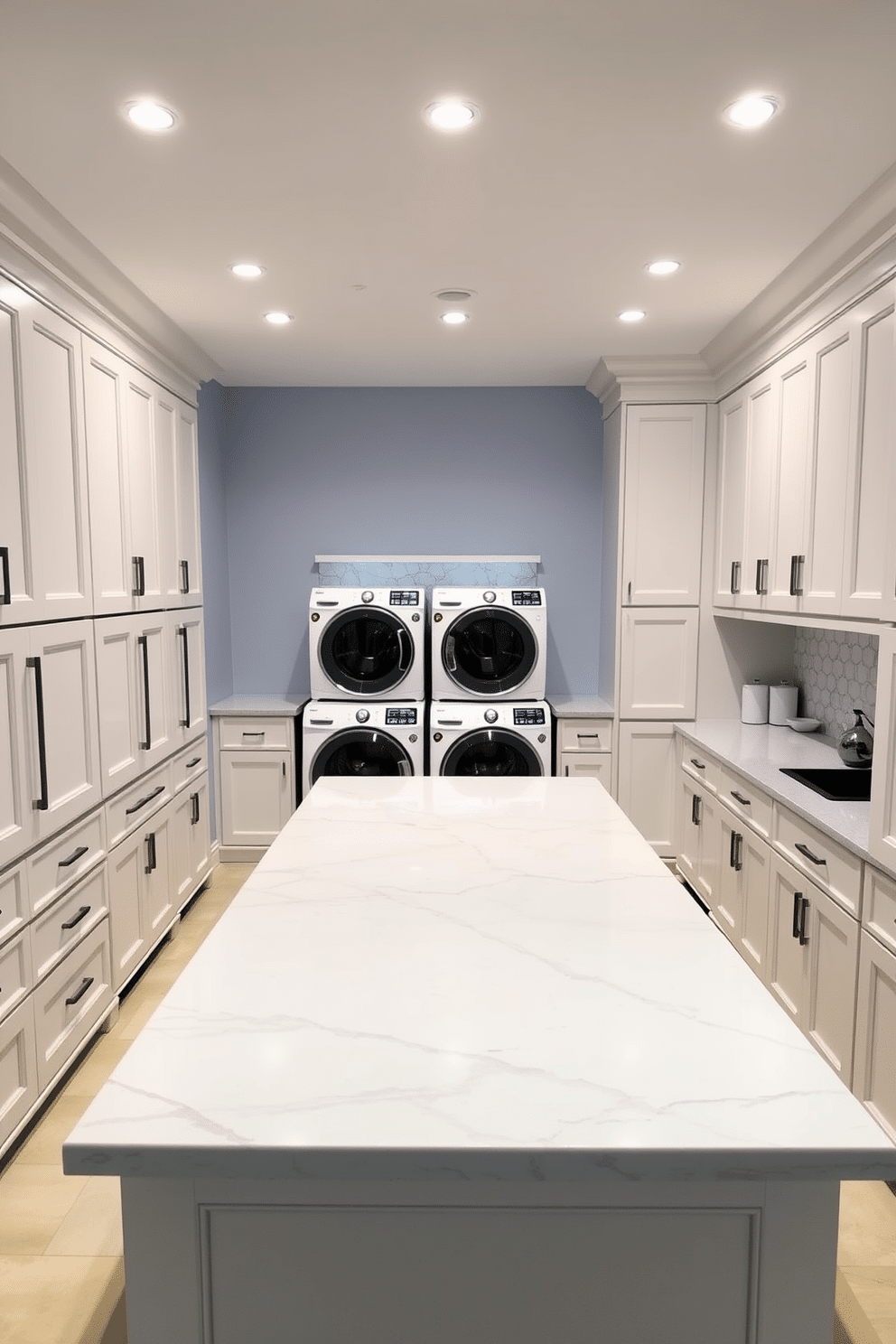 A spacious laundry room features a large central island with a smooth quartz countertop, ideal for folding clothes. Surrounding the island are custom cabinetry in a soft white finish, providing ample storage space for laundry essentials. The walls are painted in a calming light blue, creating a serene atmosphere. Bright, energy-efficient LED lighting illuminates the room, highlighting the sleek washer and dryer set against a stylish backsplash.