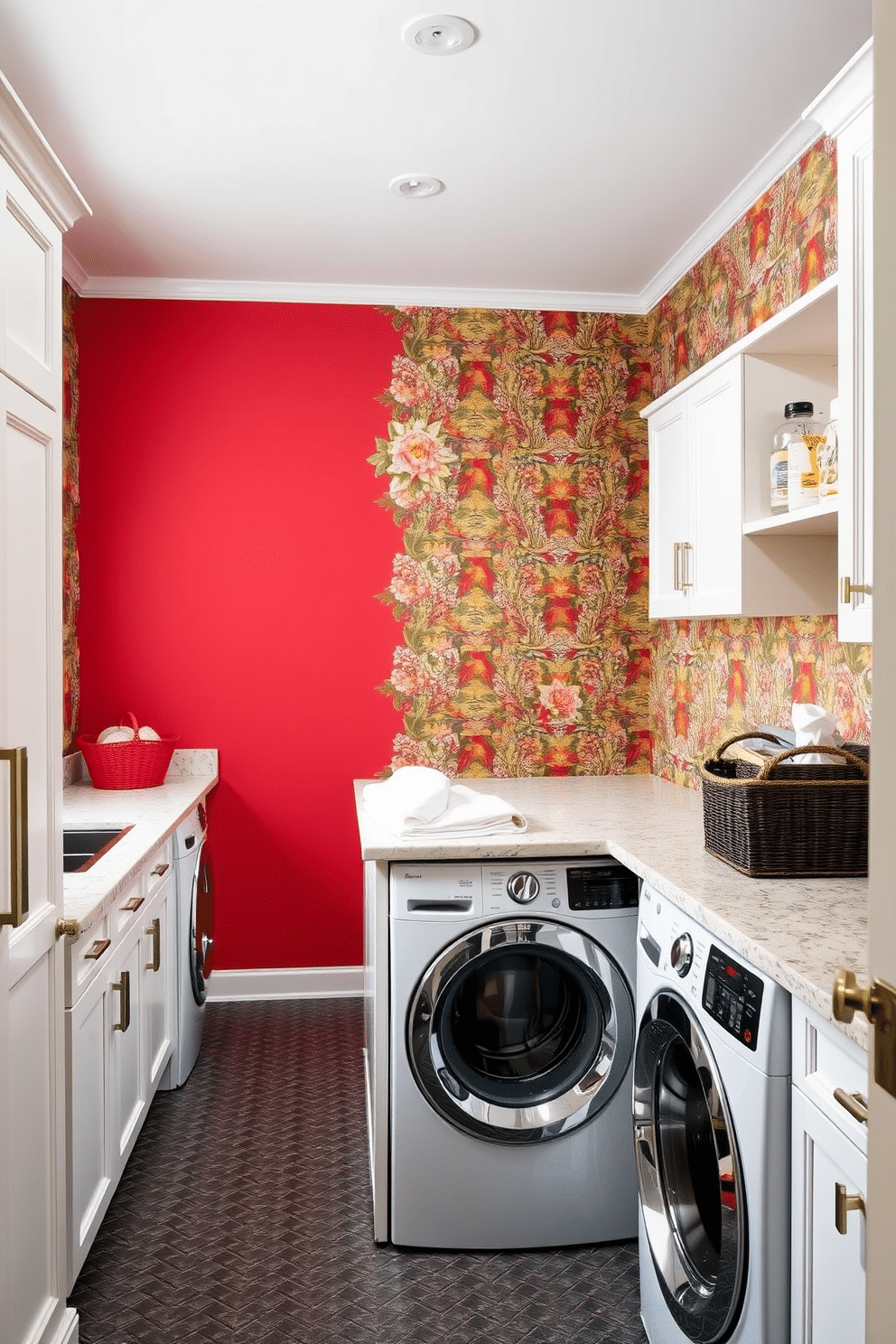 A vibrant laundry room featuring a colorful accent wall adorned with intricate floral wallpaper. The space includes ample cabinetry in a crisp white finish, complemented by a large, functional island in the center for folding clothes.