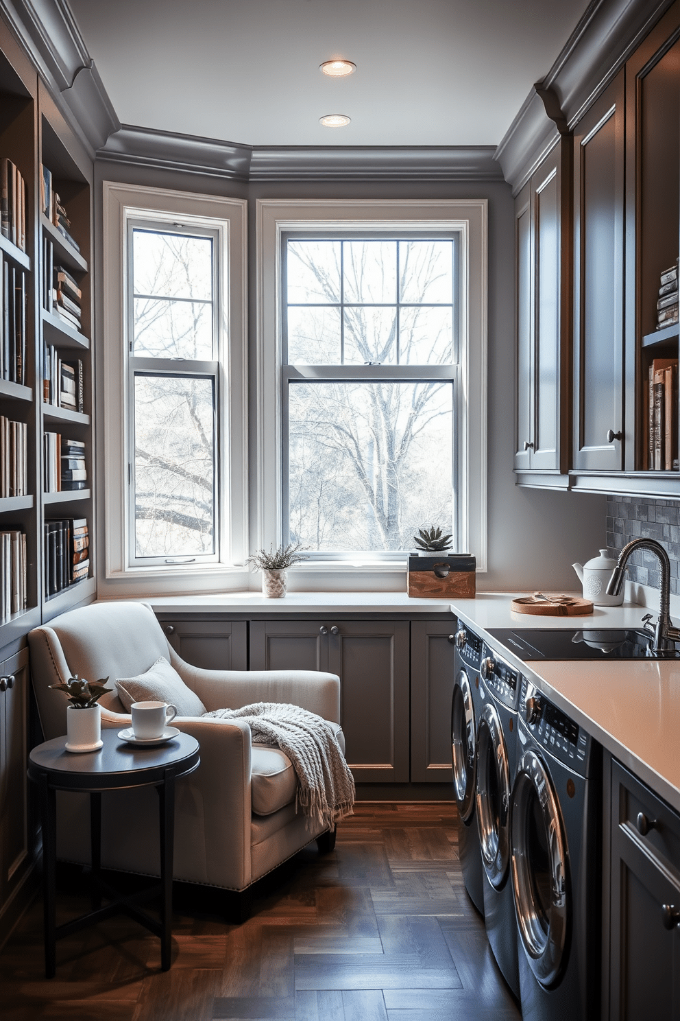 Cozy reading nook with built-in shelves. The nook features a plush armchair in a soft fabric, positioned next to a large window that bathes the space in natural light. Built-in shelves filled with books and decorative items line the walls, creating an inviting atmosphere. A small side table holds a steaming cup of tea and a cozy throw blanket drapes over the armchair. Large laundry room design ideas. The laundry room is designed with ample storage, featuring custom cabinetry and a spacious countertop for folding clothes. A large farmhouse sink is positioned next to the washer and dryer, while bright lighting illuminates the space, enhancing its functionality and style.