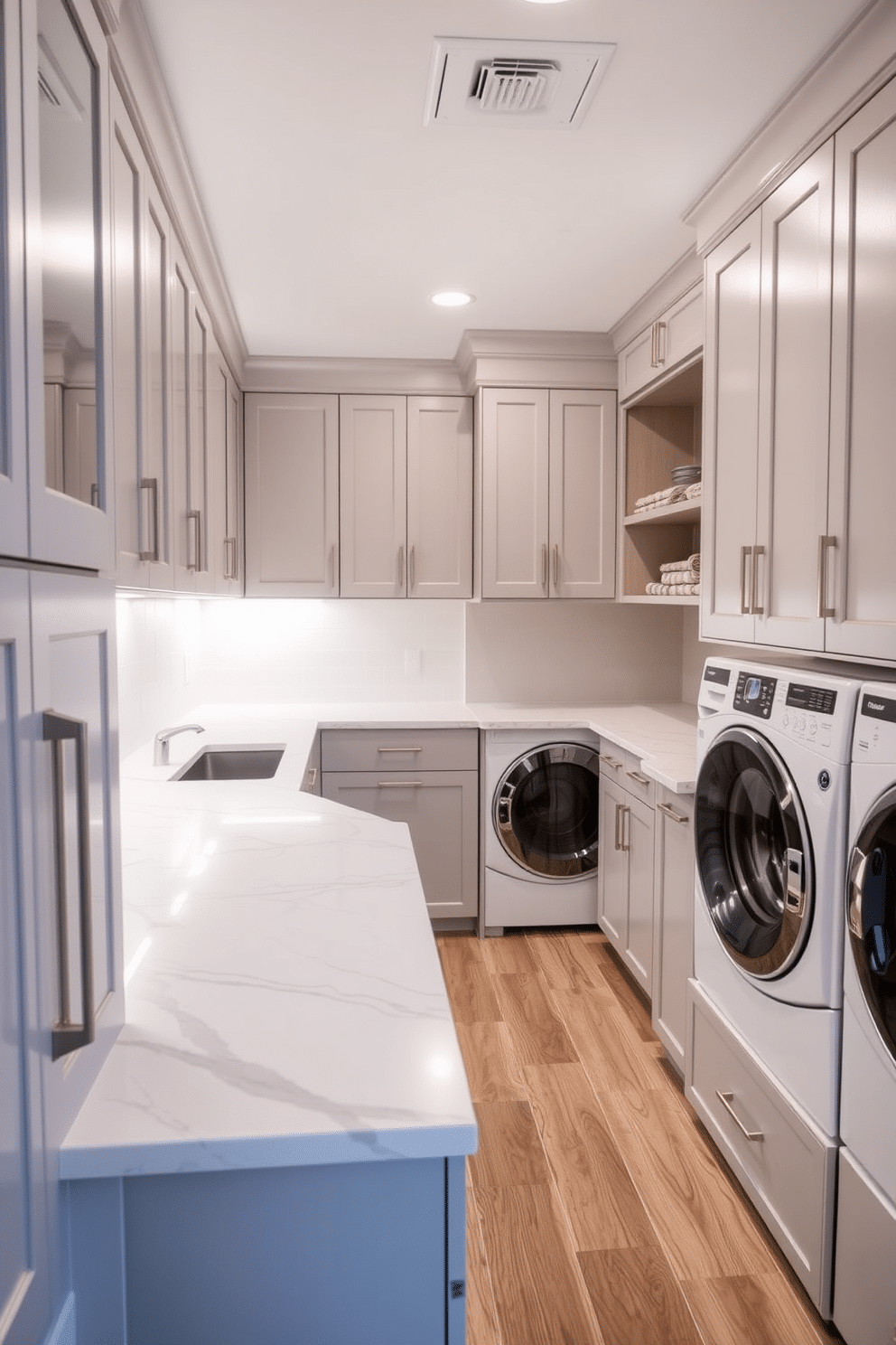 A large laundry room features durable countertops made from quartz, designed to withstand heavy-duty use. The space includes ample cabinetry for storage, with a sleek, modern aesthetic and a practical layout that maximizes efficiency. The flooring is a resilient vinyl that mimics natural wood, providing both style and functionality. Bright, energy-efficient lighting illuminates the room, enhancing the clean, organized look of the space.