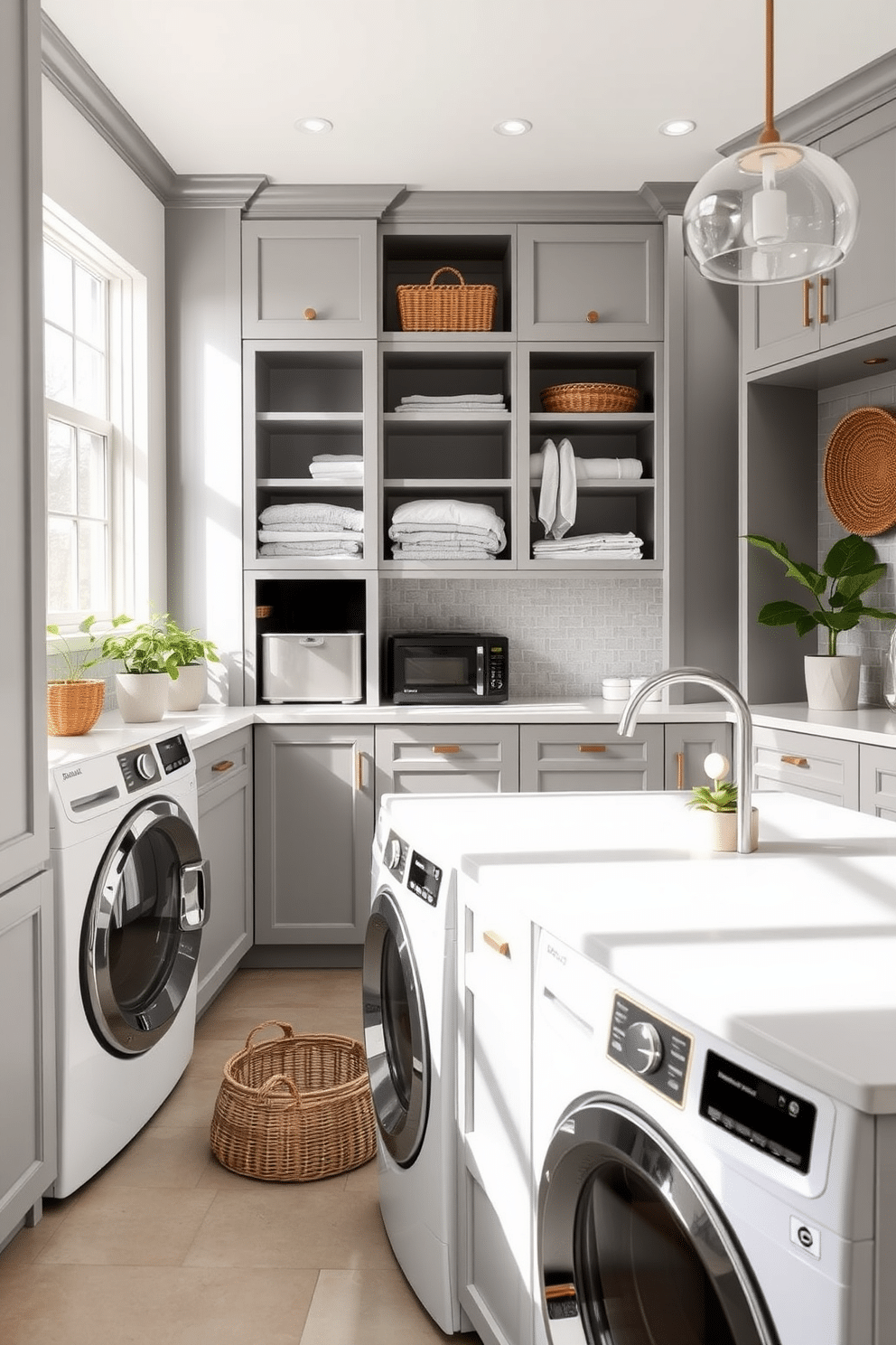 A spacious laundry room featuring a built-in laundry chute for easy access, seamlessly integrated into the cabinetry. The room is designed with ample storage, including open shelves and a large island for folding clothes, all in a soft gray palette. Natural light floods the space through large windows, highlighting the sleek countertops and stylish backsplash. A combination of modern appliances is strategically placed for efficiency, complemented by decorative elements like potted plants and woven baskets for added warmth.