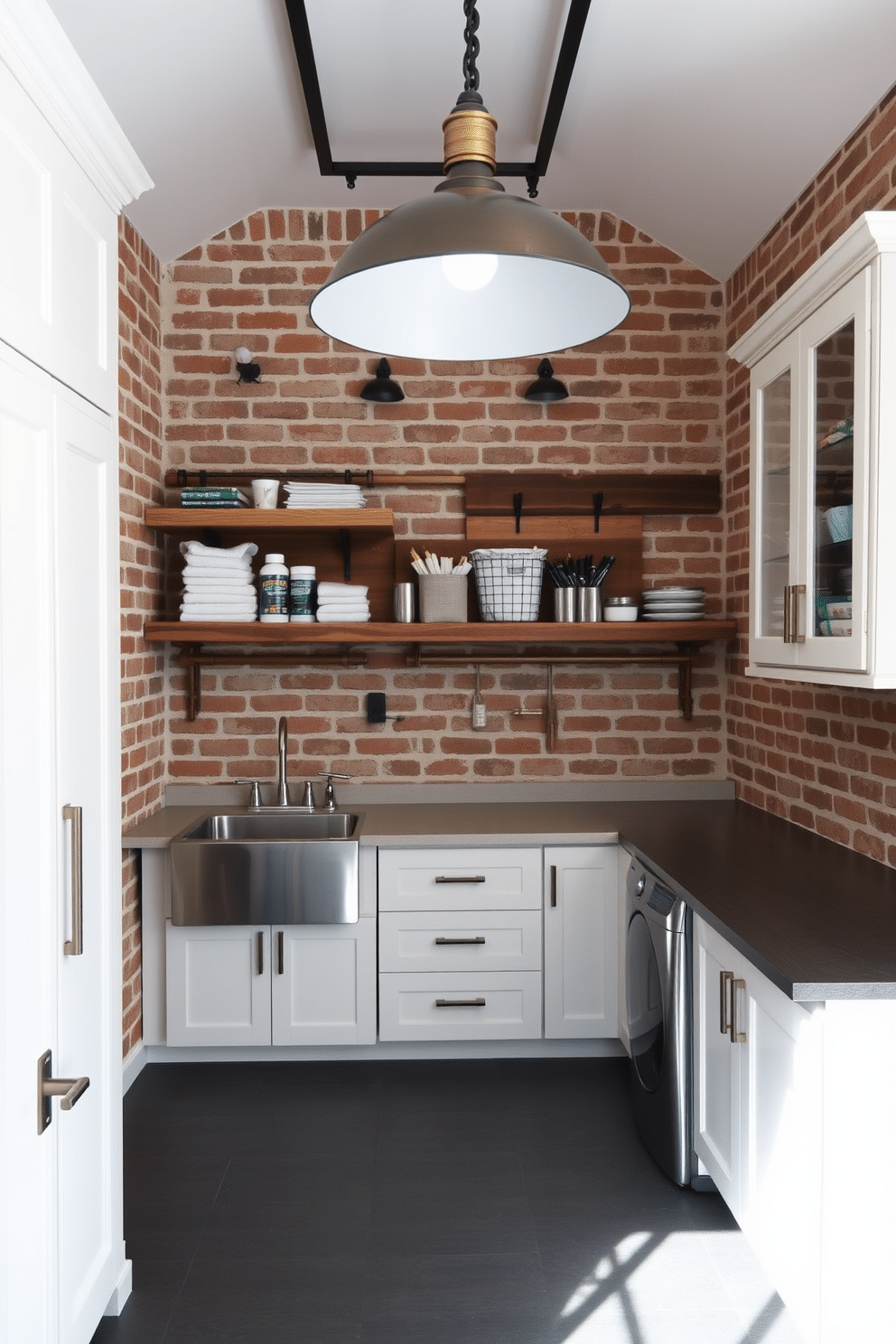 A spacious laundry room with industrial-style lighting fixtures that add a touch of flair. The room features a large, stainless steel sink and ample countertop space for folding clothes, with exposed brick walls enhancing the industrial aesthetic. Open shelving made of reclaimed wood displays neatly organized laundry supplies, while a bold, oversized pendant light hangs from the ceiling. The flooring is a durable, dark tile that contrasts beautifully with the light-colored cabinetry and adds to the overall modern design.