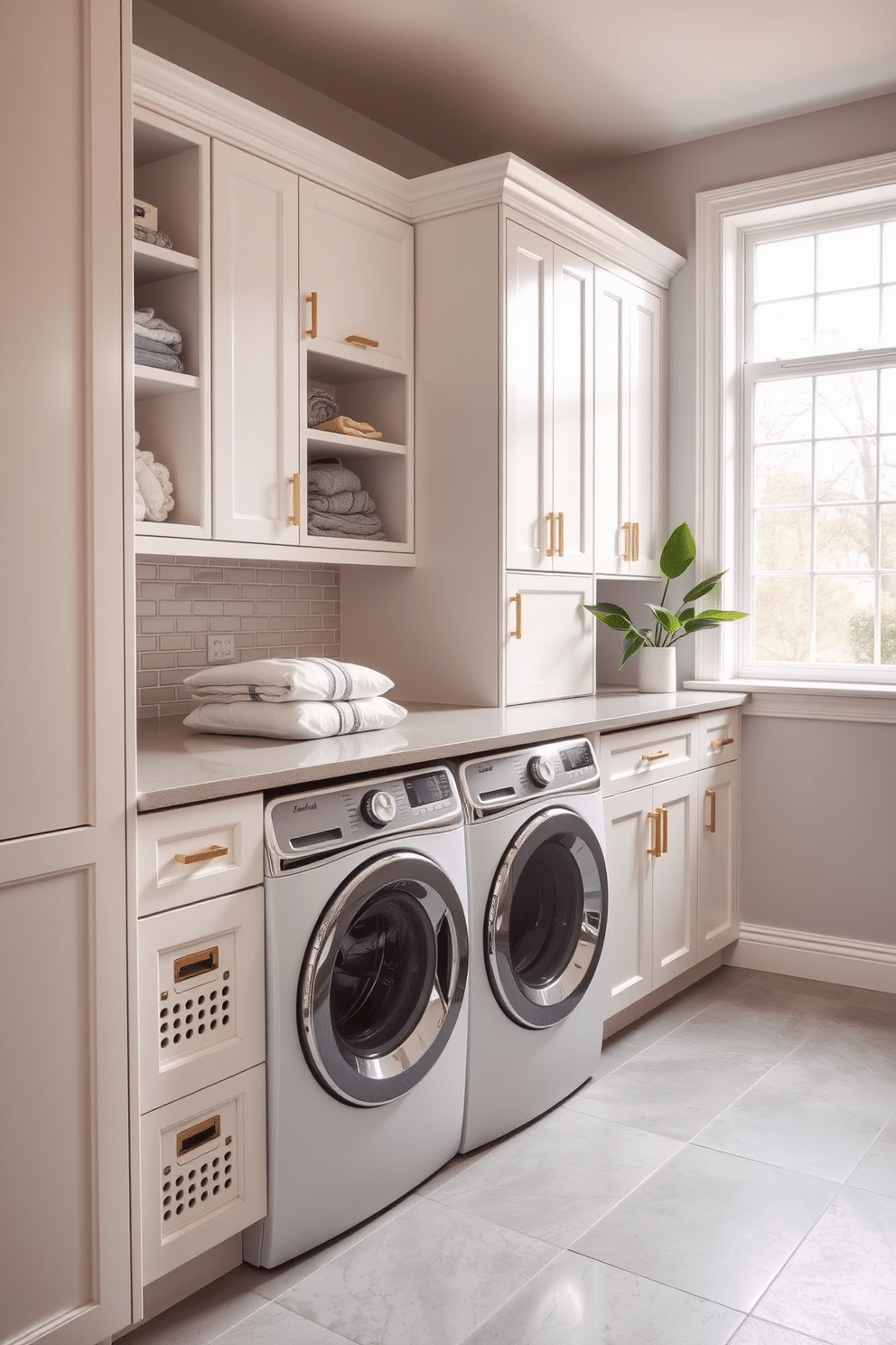 A spacious laundry room featuring cabinetry with integrated laundry baskets for a seamless look. The cabinetry is painted in a soft white, with sleek brass hardware, and the floor is adorned with large, light gray tiles. Natural light floods the room through a large window, illuminating the organized space. A stylish countertop above the washer and dryer provides ample space for folding clothes, complemented by a decorative plant in the corner.