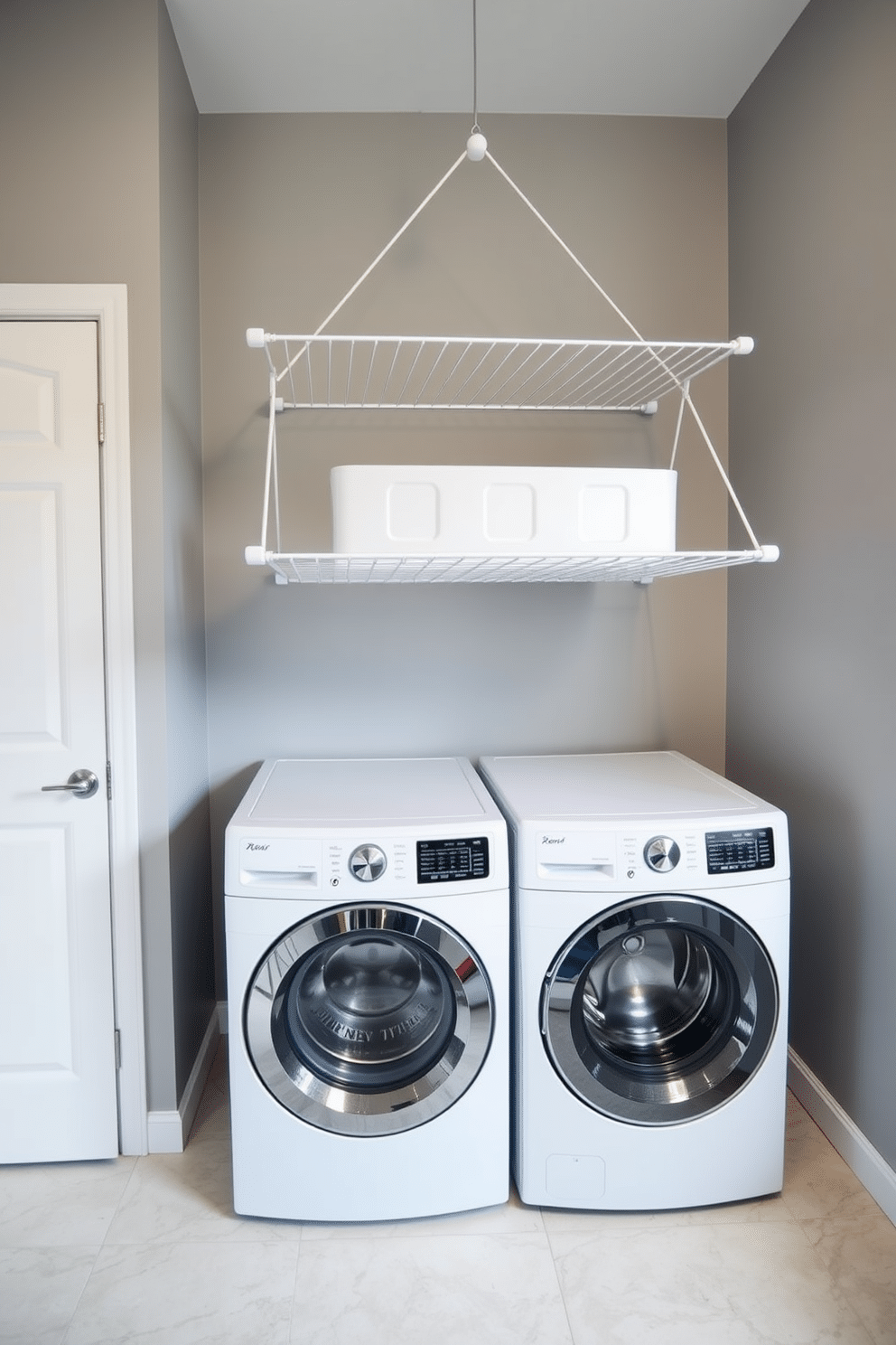 A spacious laundry room features a modern drying rack suspended above a sleek washer and dryer set, maximizing functionality and convenience. The walls are painted a soft gray, and the floor is adorned with large, light-colored tiles that enhance the room’s brightness and spaciousness.