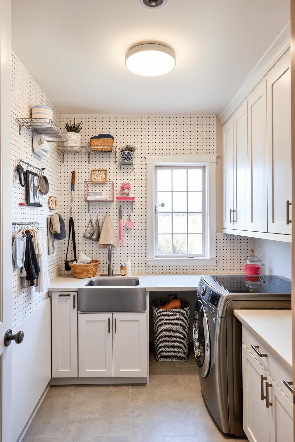 A chic pegboard wall serves as a stylish organization solution in a large laundry room. The pegboard is painted in a soft pastel color and features an array of hooks and shelves to hold essential laundry tools and decorative items. The spacious laundry room is designed with ample counter space for folding clothes and a built-in sink for convenience. Natural light floods the room through a large window, illuminating the sleek cabinetry and modern appliances that enhance the overall functionality and aesthetic appeal.