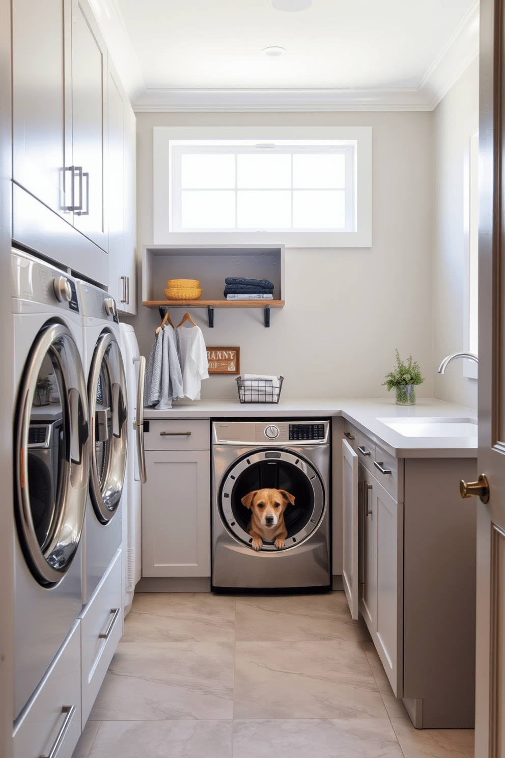 A stylish laundry room featuring a hidden pet area seamlessly integrated into the design. The space includes ample storage with sleek cabinetry, a large countertop for folding clothes, and a cozy nook for pets tucked away beneath the countertop. The walls are painted in a soft, calming color, while the floor is adorned with durable, easy-to-clean tiles. Natural light floods the room through a nearby window, creating a bright and inviting atmosphere for both laundry tasks and pet relaxation.