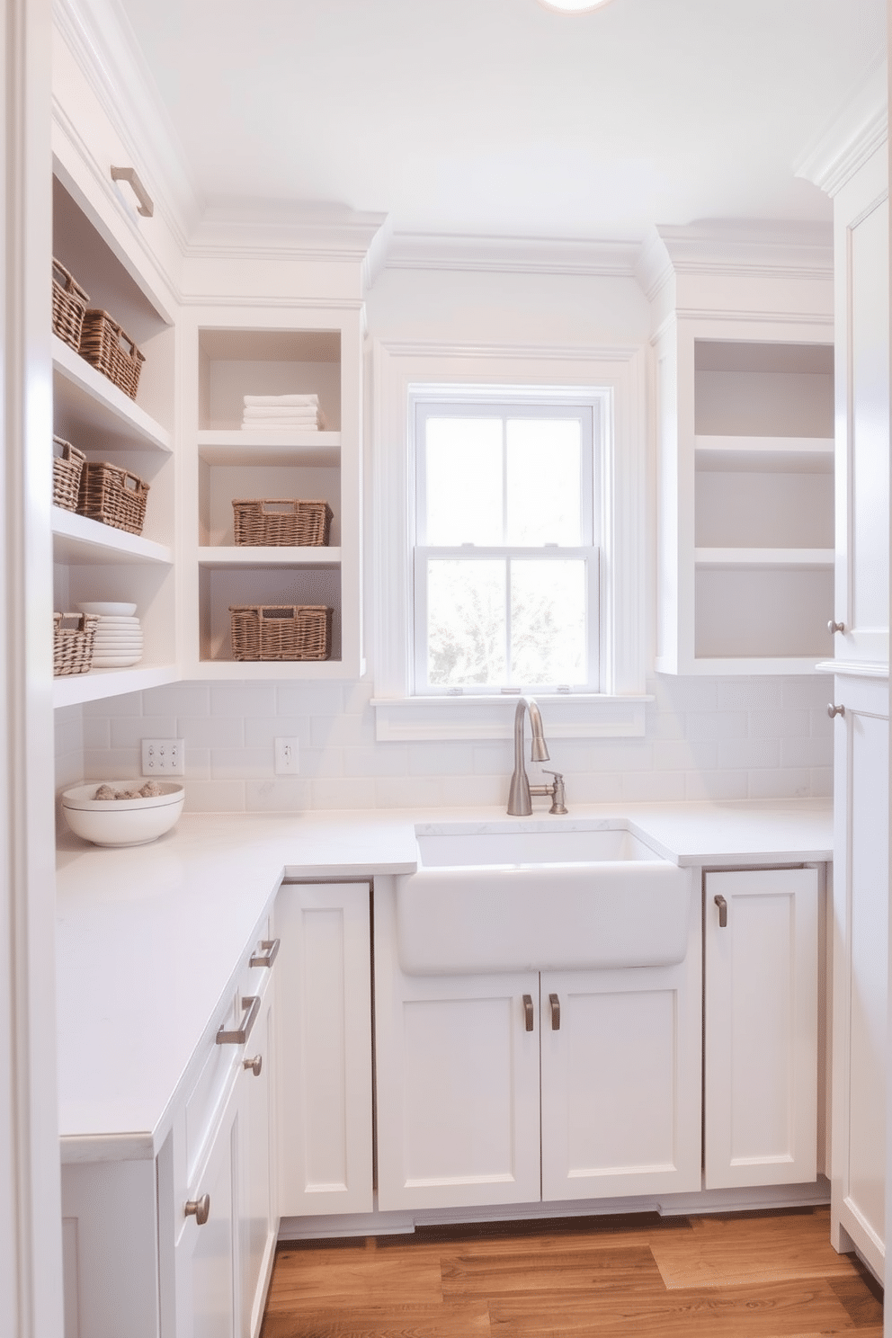 Bright white cabinetry with open shelving creates a spacious and airy feel in the laundry room. The countertops are a sleek quartz, providing ample space for folding clothes and organizing supplies. A large farmhouse sink is positioned under a window, allowing natural light to flood the space. Decorative baskets are neatly arranged on the open shelves, adding both functionality and a touch of warmth to the design.