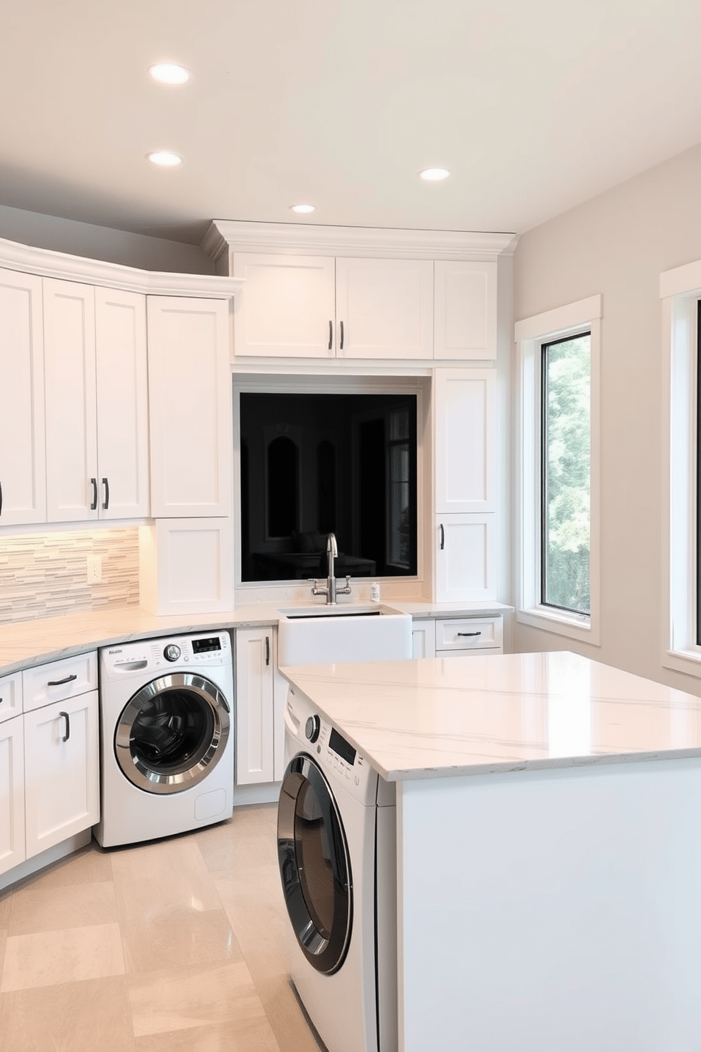 A spacious laundry room featuring sleek countertop appliances designed for maximum efficiency. The room includes a large island with a quartz countertop, equipped with a built-in washing machine and dryer, seamlessly integrated into the cabinetry. Bright white cabinets line the walls, offering ample storage space, while a stylish backsplash adds a pop of color. A utility sink sits adjacent to the appliances, complemented by modern fixtures and a large window that floods the space with natural light.