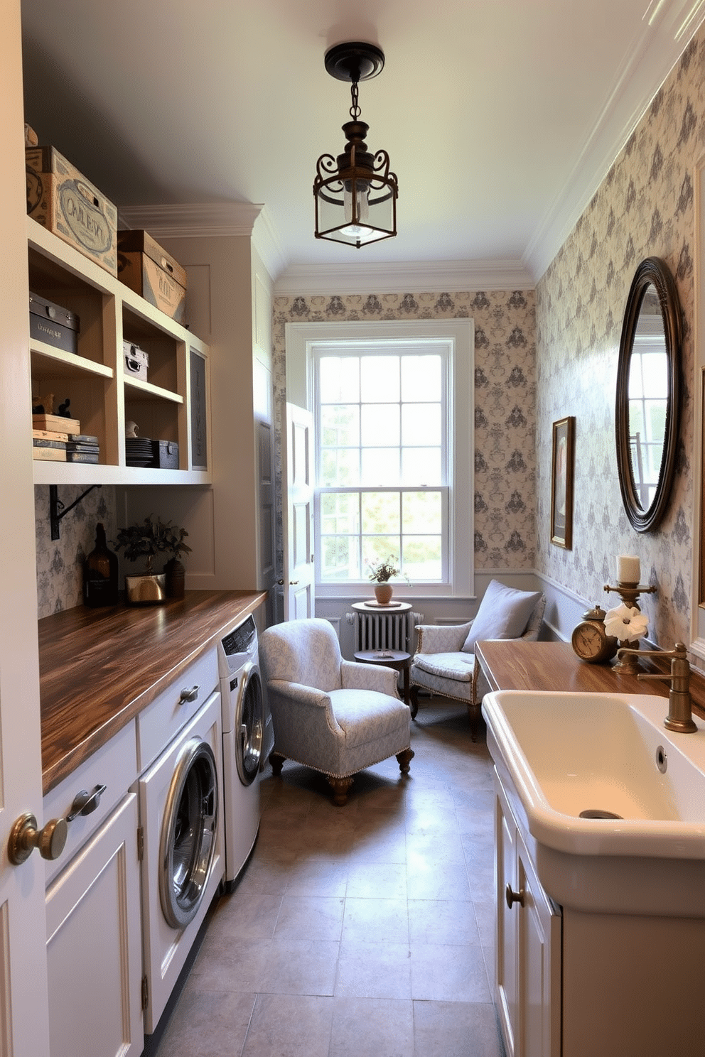 A large laundry room features vintage decor accents that add charm and character. The space includes a rustic wooden countertop, open shelving with antique storage boxes, and a vintage-style sink with a polished brass faucet. Soft pastel colors adorn the walls, complemented by patterned wallpaper that evokes a sense of nostalgia. A large window allows natural light to flood the room, illuminating a cozy reading nook with a plush chair and a small side table.