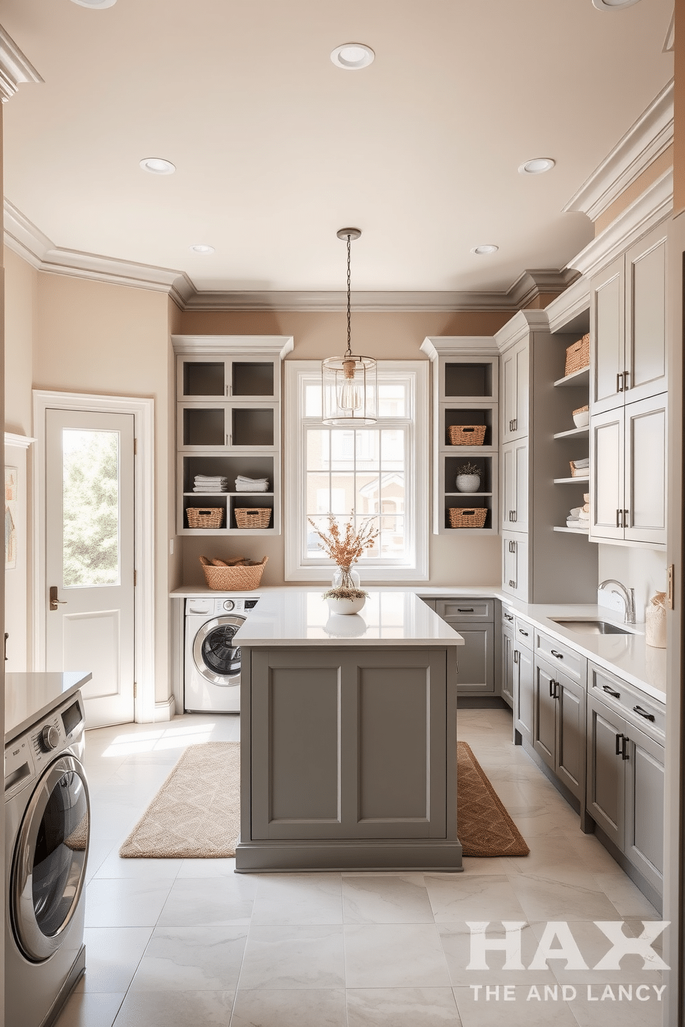 A spacious laundry room featuring a neutral color palette with soft beige walls and light gray cabinetry. The room includes a large, functional island in the center topped with a white quartz surface, providing ample workspace for sorting and folding laundry. Natural light floods the space through a large window, illuminating the room and creating a calming atmosphere. Stylish storage solutions, such as open shelving and wicker baskets, are incorporated to maintain organization while adding a touch of warmth.