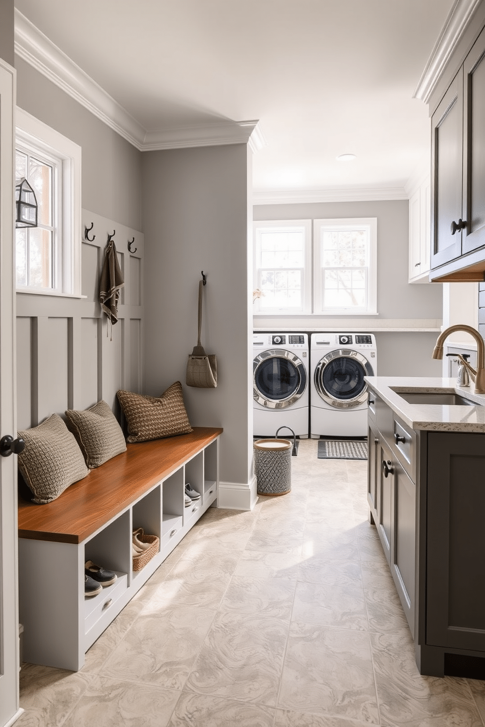 A functional mudroom features a spacious bench with built-in storage cubbies beneath, perfect for organizing shoes and outdoor gear. The walls are painted a soft gray, accented with hooks for coats, and a large window allows natural light to brighten the space. The large laundry room boasts ample counter space for folding clothes, with stylish cabinetry providing storage for detergents and supplies. A farmhouse sink is positioned next to the washer and dryer, and the floor is adorned with durable, easy-to-clean tiles in a subtle pattern.