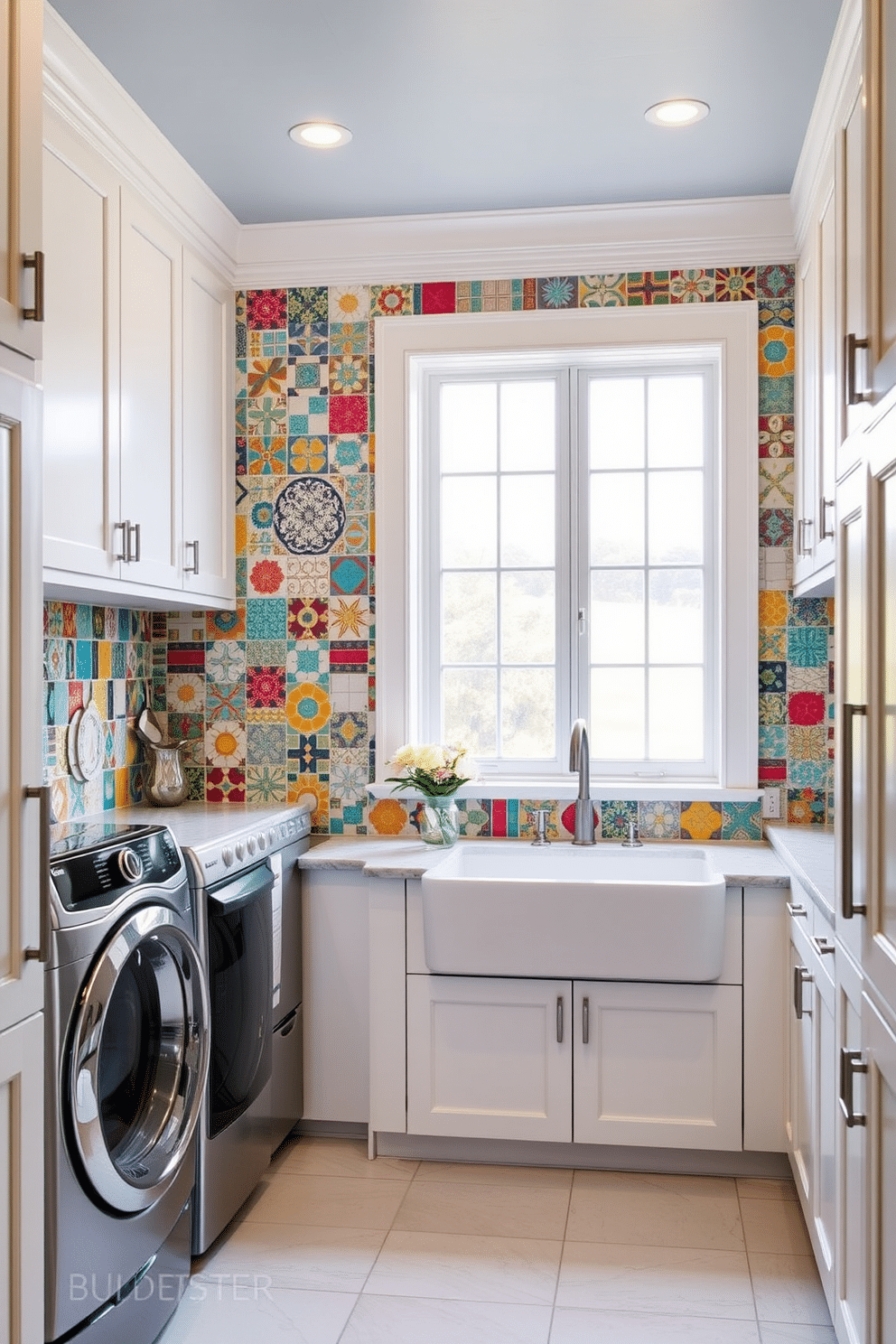 A unique backsplash featuring an array of colorful tiles creates a vibrant focal point in the spacious laundry room. The walls are adorned with a mix of geometric and floral patterns, providing a cheerful contrast to the sleek, modern appliances. The large laundry room boasts ample storage with custom cabinetry painted in a soft white hue. A large farmhouse sink sits beneath a window, allowing natural light to illuminate the space and enhance the lively tile design.