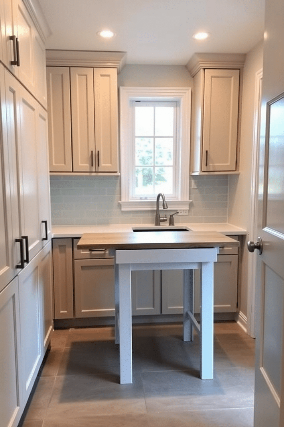 A spacious laundry room featuring a fold-down table that provides extra workspace when needed. The room is equipped with ample storage cabinets, a large sink, and a stylish backsplash in soft blue tones. Natural light floods the space through a window above the sink, enhancing the bright and airy feel. The floor is adorned with durable, easy-to-clean tiles in a warm gray, complementing the overall design.