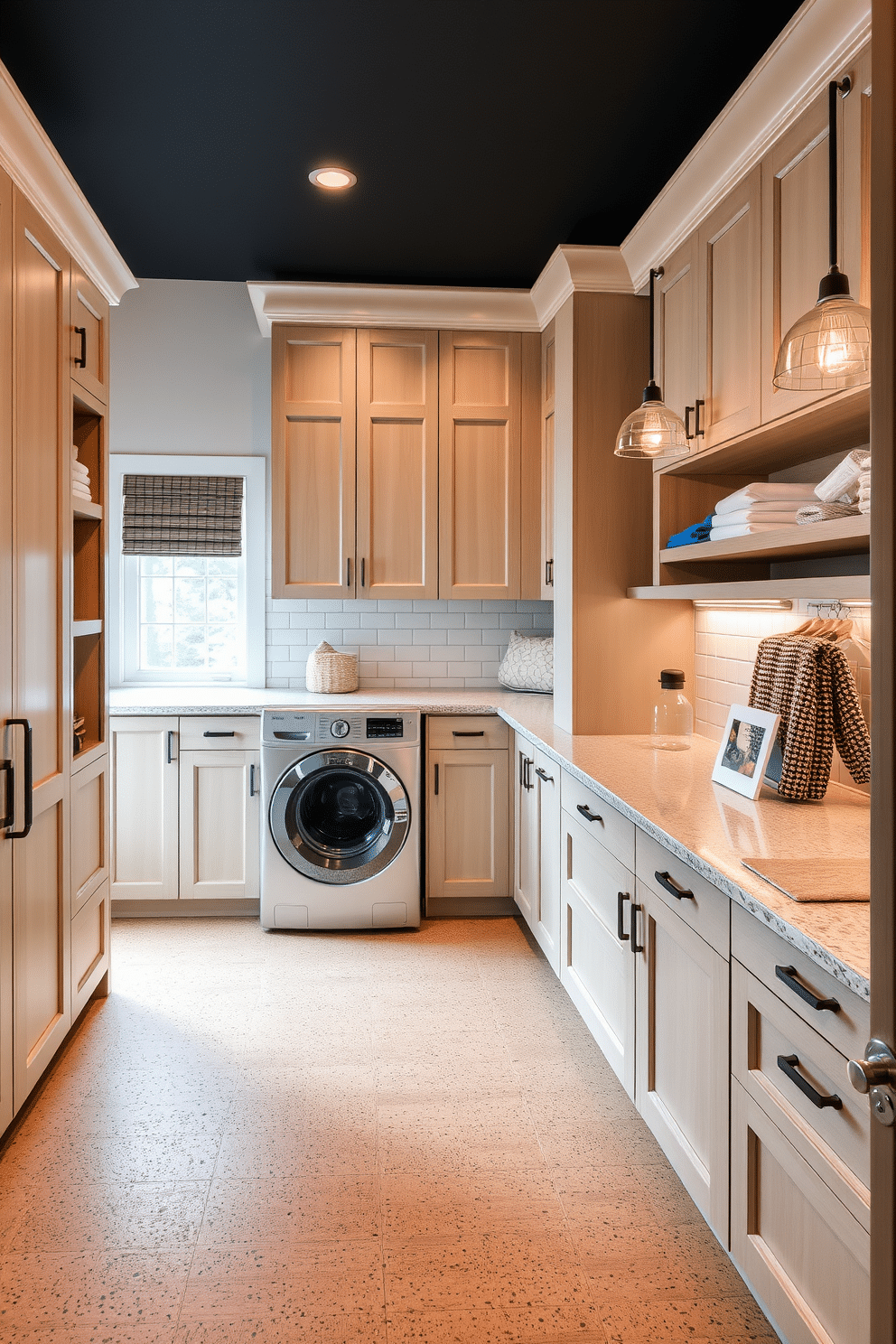 A spacious laundry room featuring cork flooring that offers both comfort and durability. The design includes ample storage with custom cabinetry and a large countertop for folding clothes, complemented by stylish lighting fixtures that enhance the overall aesthetic.