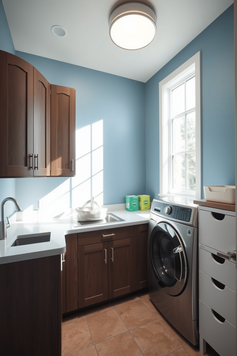 A spacious laundry room featuring an integrated recycling station designed for eco-friendliness. The room includes ample cabinetry for storage, with a dedicated section for sorting recyclables, complemented by a countertop for folding clothes. Natural light floods the space through a large window, highlighting the sleek, modern appliances in stainless steel. The walls are painted in a calming blue hue, while the floor boasts durable, easy-to-clean tiles in a neutral tone.