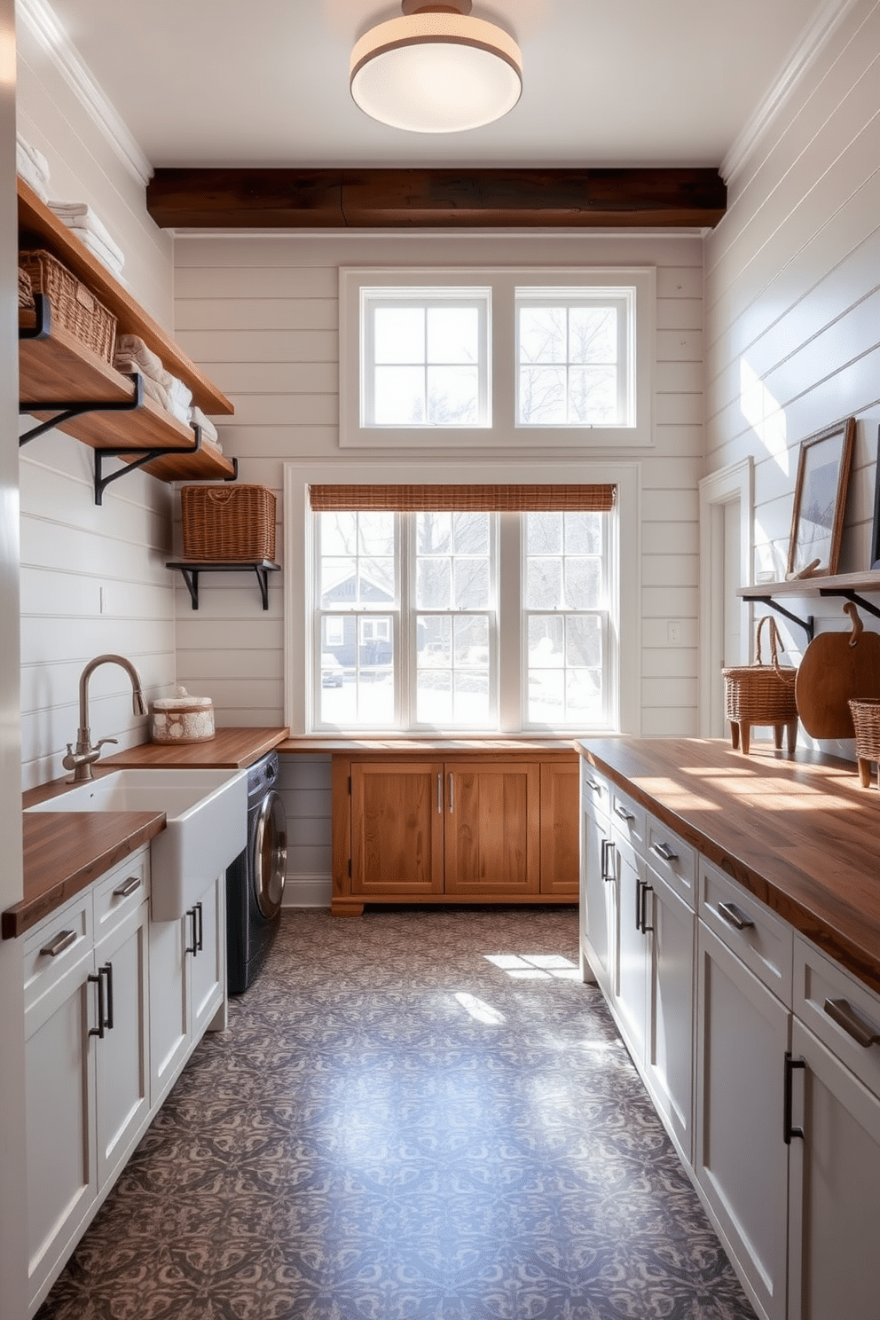 A spacious laundry room features a large farmhouse sink with a vintage faucet, set against a backdrop of shiplap walls painted in soft white. The countertops are made of reclaimed wood, providing a warm contrast, while open shelving above displays neatly folded linens and rustic baskets. In the center of the room, a practical island with additional storage space is surrounded by natural light streaming through large windows. The floor is adorned with a durable, patterned tile that adds a touch of charm, completing the inviting and functional atmosphere.