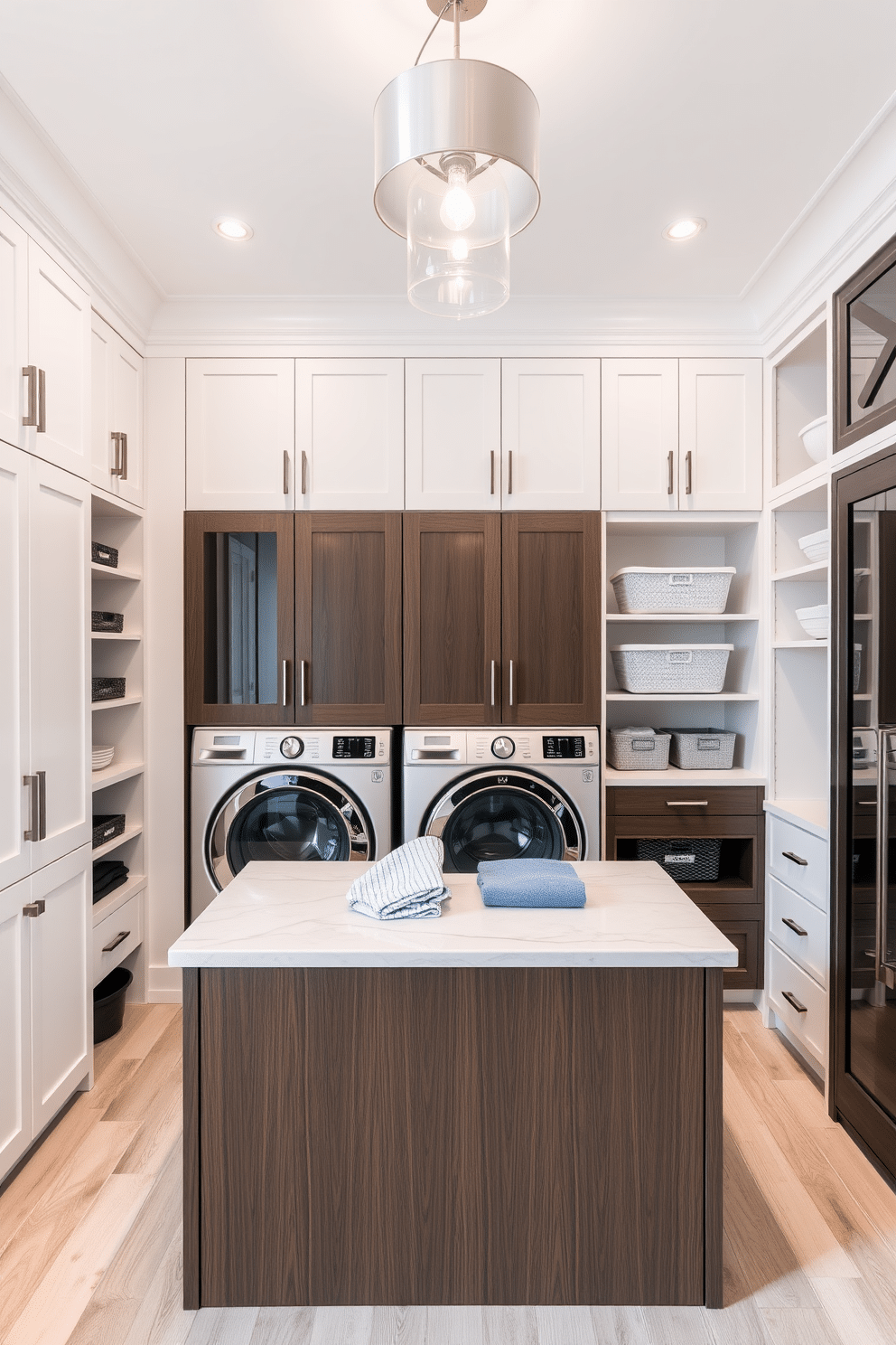 A spacious laundry room featuring smart technology for enhanced efficiency. The room includes a sleek washer and dryer with touchscreen controls, integrated into a custom cabinetry system. The design incorporates ample storage solutions, including open shelving and pull-out bins for sorting laundry. A large, functional island in the center provides workspace for folding clothes, complemented by stylish pendant lighting overhead.