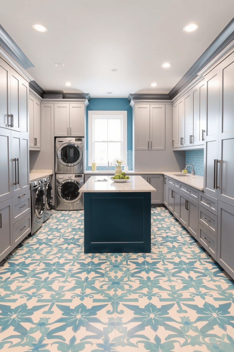 Bold patterned tile flooring adds a vibrant touch to a spacious laundry room, creating a lively atmosphere for chores. The flooring features geometric designs in shades of blue and white, complementing the sleek cabinetry. Large laundry room design ideas include an expansive island in the center, perfect for sorting and folding clothes. Surrounding the island, custom cabinetry provides ample storage, while a stylish backsplash adds a pop of color.