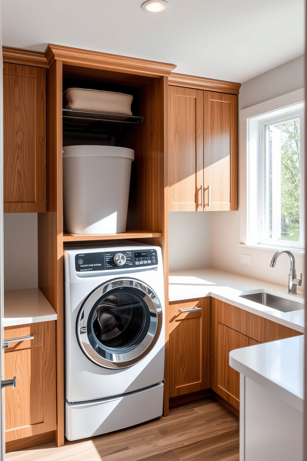 A large laundry room features a stacked washer and dryer unit seamlessly integrated into a custom cabinetry setup, maximizing floor space. The room is brightened by natural light streaming through a window, with a sleek countertop for folding clothes and ample storage above for laundry essentials.