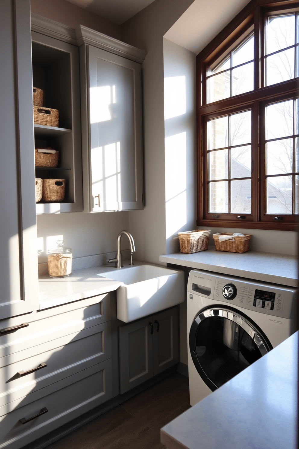 A spacious laundry room bathed in natural light from large windows that stretch across one wall, illuminating the space with a warm glow. The room features sleek cabinetry in a soft gray finish, providing ample storage, while a large farmhouse sink sits beneath the windows, perfect for handling delicate items. The laundry area is designed with a stylish countertop for folding clothes, adorned with decorative baskets for organization. A modern washer and dryer are seamlessly integrated into the cabinetry, creating a clean and functional aesthetic that enhances the overall design.